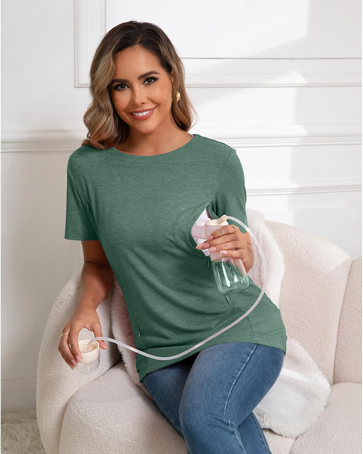 GINKANA Women'S Nursing Shirts Short Sleeve Breastfeeding Tshirt with Hidden Zippers Loose Fit Nursing Tops image number 3