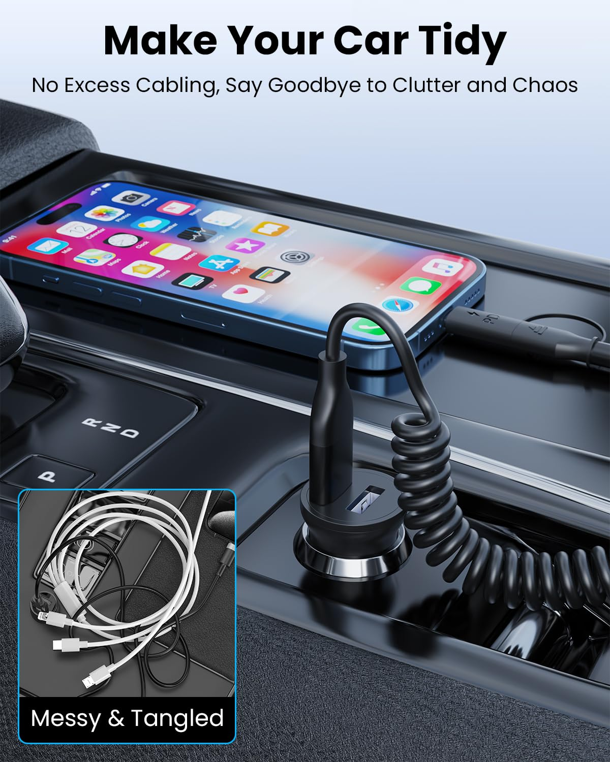 Coiled USB Cable, USB to USB C and Lightn-Ing Cable 4-In-1, Car Carplay Cable, 60W 3A Fast Charging Cord for Iphone 17 16 15 14 13 12 11, Ipad, Macbook, Galaxy, Note & More - 4Ft/Black