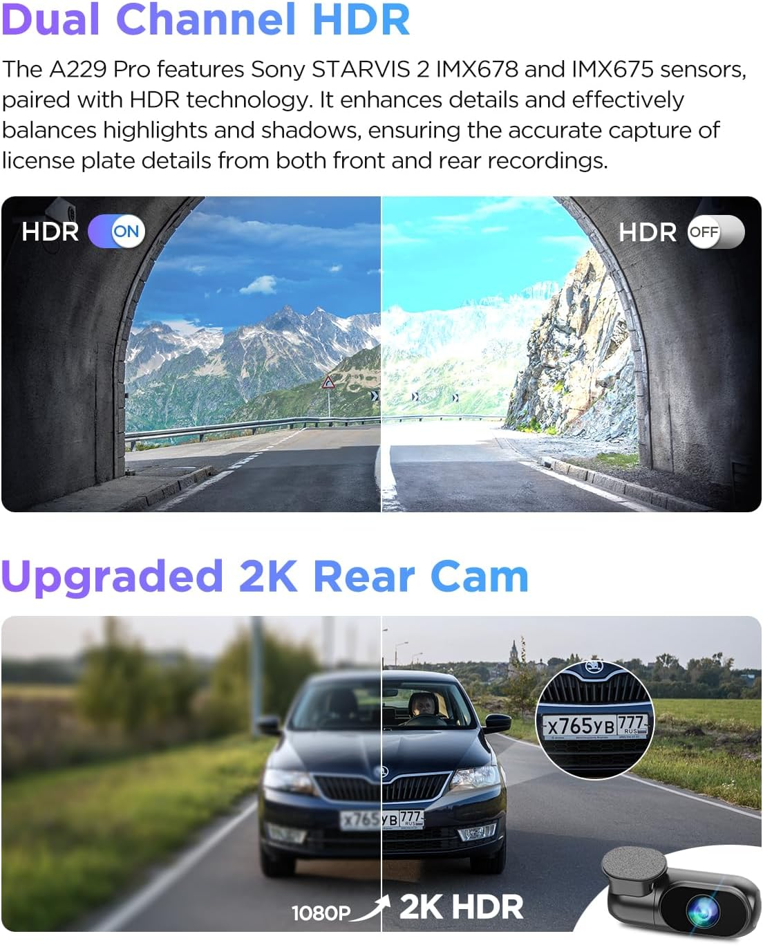 VIOFO A229 Pro 4K HDR Dash Cam, Dual STARVIS 2 IMX678 IMX675, 4K+2K Front and Rear Car Camera, 2 Channel with HDR, Voice Control, 5Ghz Wifi GPS, Night Vision 2.0, 24H Parking Mode, Support 512GB Max image number 4