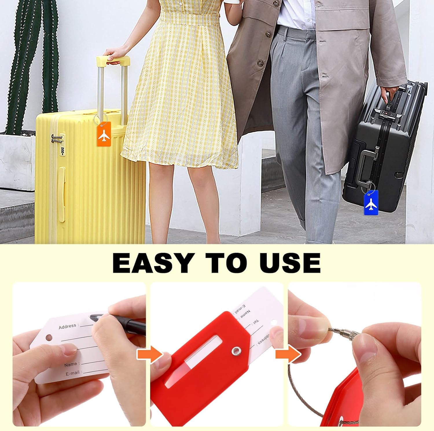 Tanstic 5Pcs Silicone Luggage Tags with Name ID Card, Baggage Handbag Travel Instrument Suitcase Tag for Quickly Spot Luggage Suitcase (Yellow) image number 3