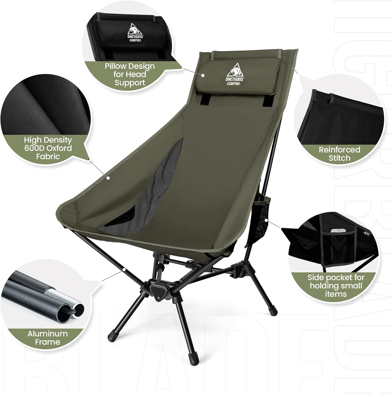 Onetigris Tigerblade High Back Camping Chair with Pillow Design, Comfortable Widened Seat Folding Chair image number 3