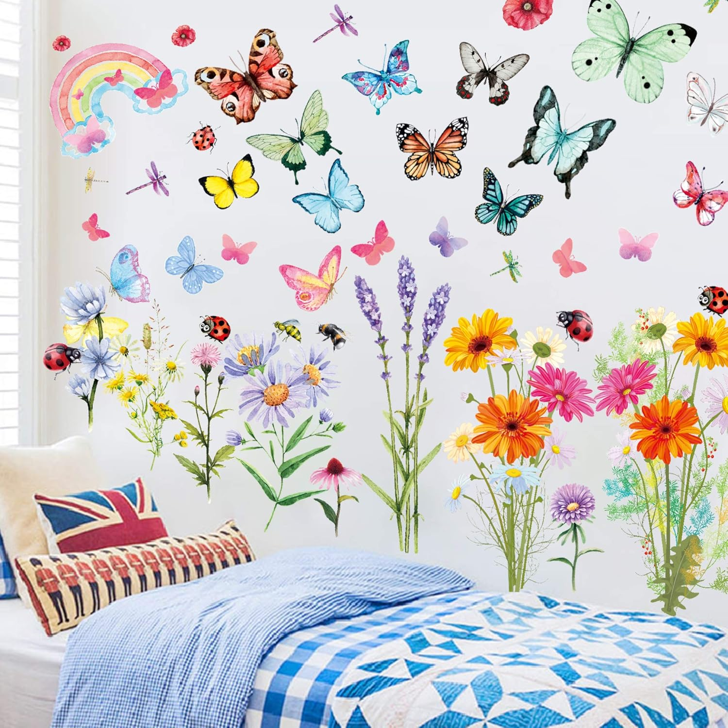 Flower Wall Stickers Colorful Butterfly Wall Stickers Daisy Rainbow Wall Stickers for Girls Bedrooms Living Room Decoration