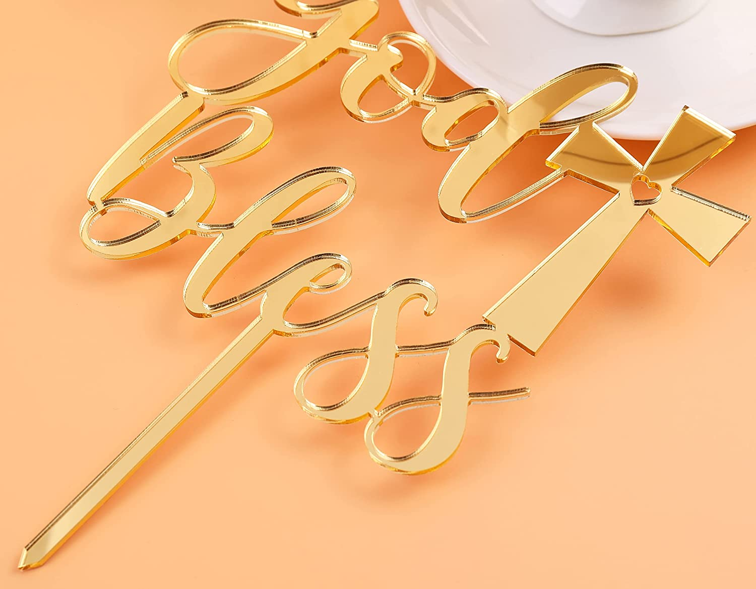 LOVENJOY Gift Boxed God Bless Cake Topper Gold Acrylic Mirror for Batism, First Communion, Confirmation or Christening image number 4