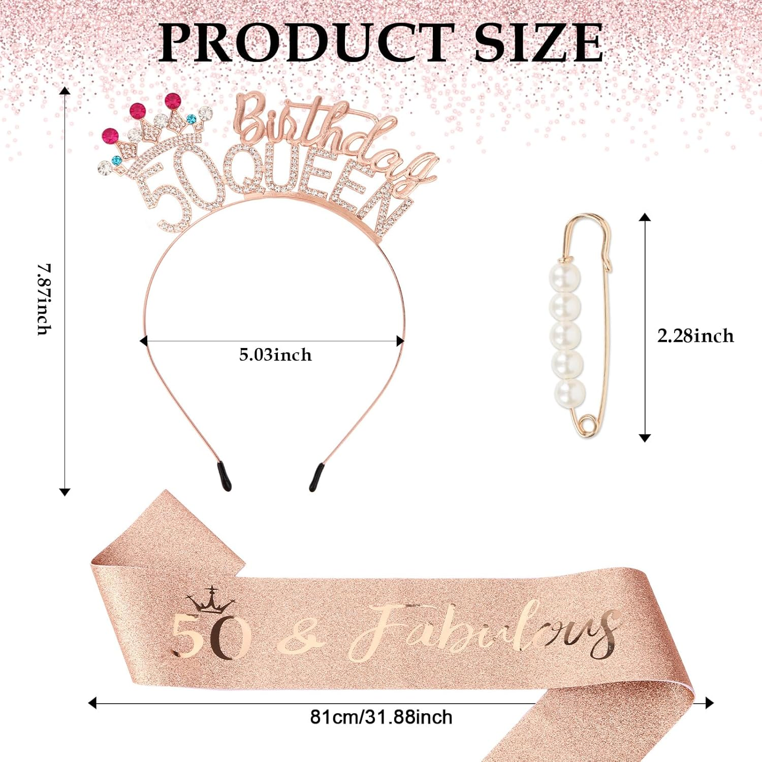 Pruadeor Rose Gold 50Th Birthday Crown Woman 50Th Birthday Headband Glitter Sash for Birthday Party Decoration Gift image number 1