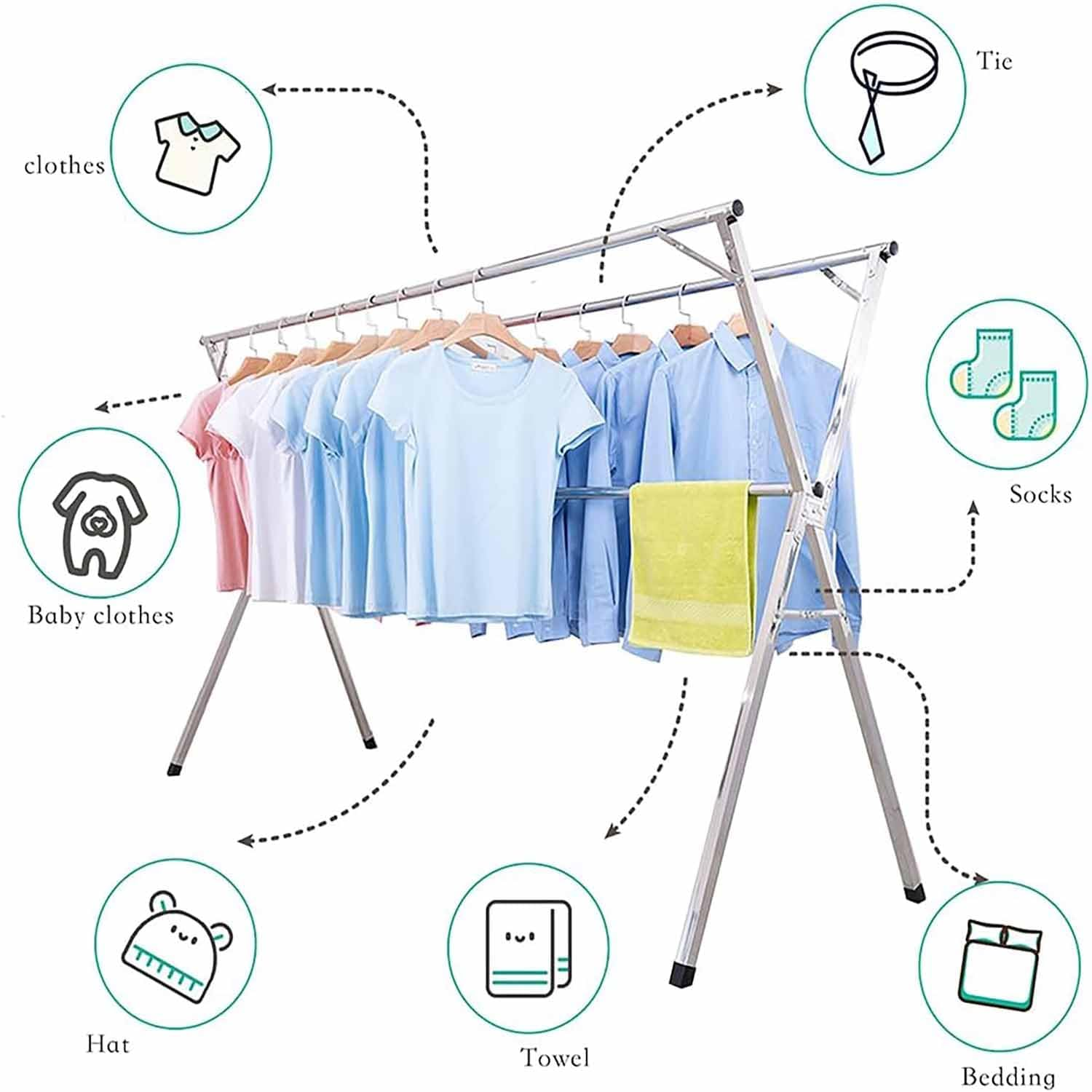 Yunking 79 Inches Clothes Drying Rack, Stainless Steel Garment Rack Adjustable and Foldable Space Saving Laundry Drying Rack for Indoor Outdoor with 20 Windproof Hooks
