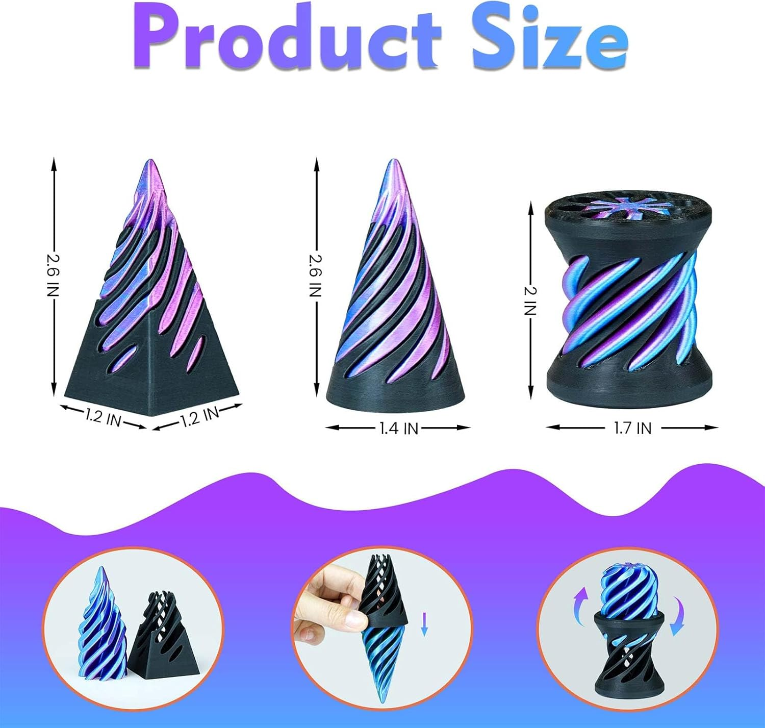 3 PCS Impossible Cone,Spiral Cone Fidget Toy,Impossible Pyramid Passthrough Sculpture,3D Printed Spiral Cone Fidget Toy,Desktop Decompression Toys,Gift,Birthday and Christmas Gifts (Purple+Black) - Black Gold image number 2