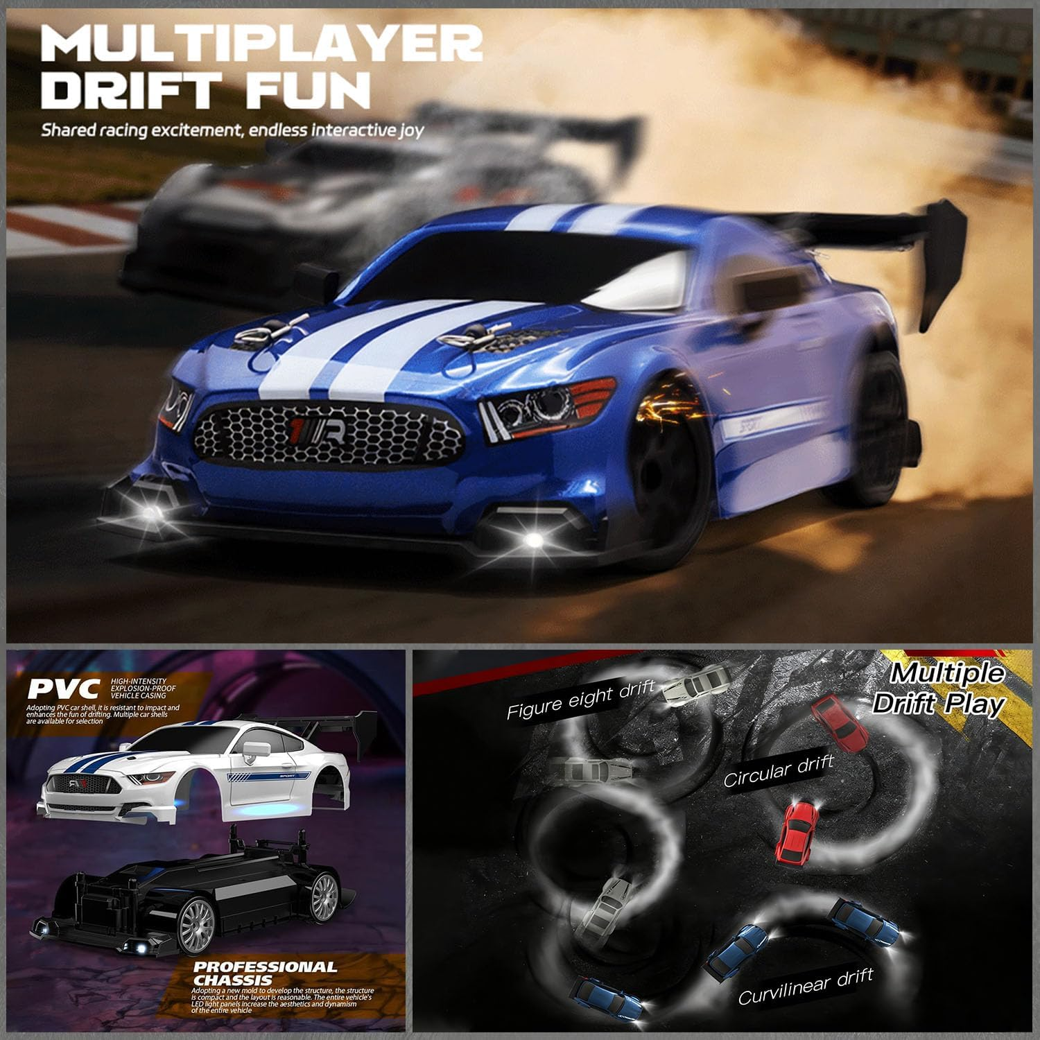 RC Drift Car, 1:24 Scale Remote Control Vehicle for Kids,4Wd 2.4Ghz 30KM/H High Speed RC Cars with LED Light, Drifting Tires Racing Sport Toy Cars for Adults Boys Girls Kids Gift (Blue) image number 5