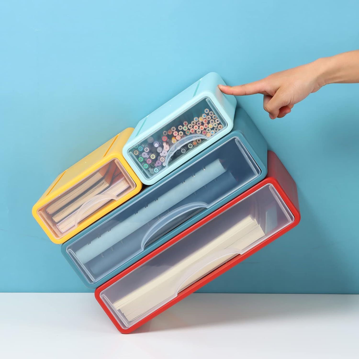 Osteed Blue Desktop Drawer for Paper, Stackable Office Storage Drawer for Desk, Craft Organizer and Storage Bin, Large Storage Container with Plastic Drawer for Office Supplies Desk Accessories - 2 Small Drawers, Yellow  Orange image number 7