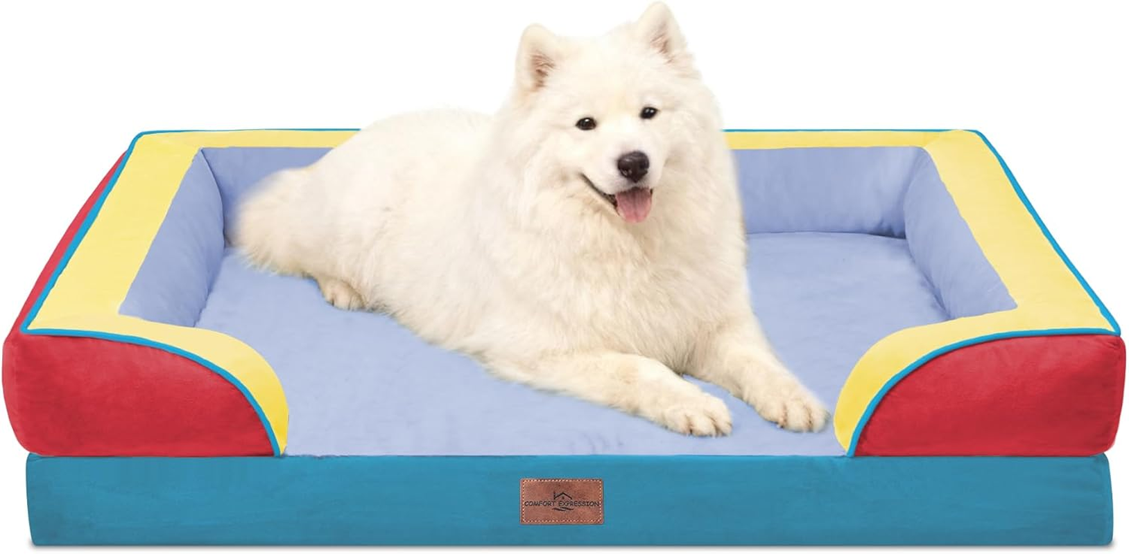 Comfort Expression Dog Bed for Extra Large Dogs, Waterproof Orthopedic Bed, Breed Durable PV Washable Sofa White, with Removable Cover Zipper, Jumbo-45''X35'' - 45.0"L X 35.0"W X 8.5"Th, Funfetti Fiesta