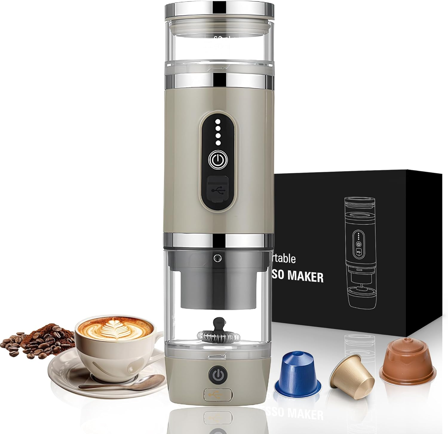 Bostar Portable Coffee Machine with Milk Frother, 3-In-1 Electric Coffee Machine, Espresso Maker for Small, Large Capsules, Ground for Office, Travel, Camping (Olive Grey) image number 3