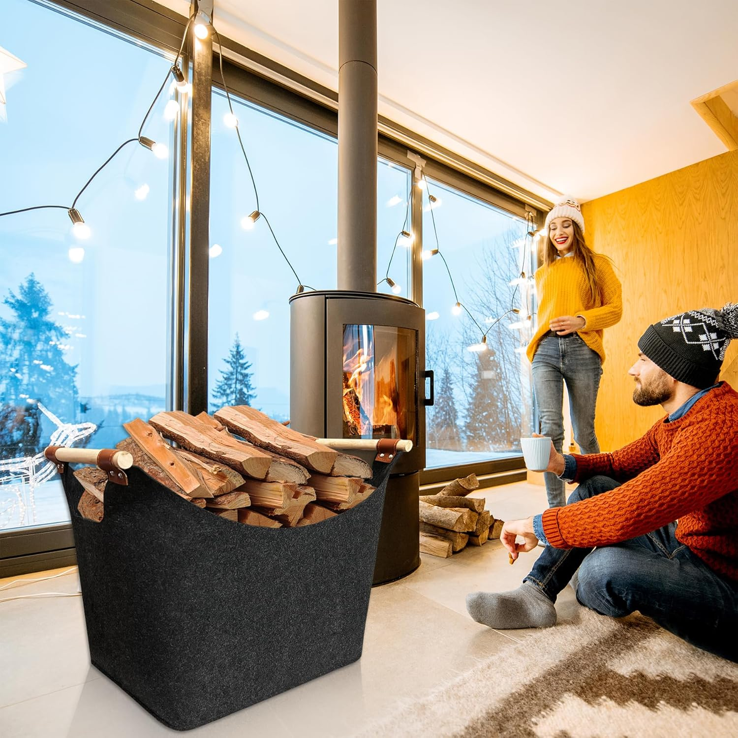 Log Basket, XL Felt Firewood Baskets Extra Thick and Foldable Log Basket for Wood Burner Indoor with Extended Handles for Fireplace Accessories, Shopping, Books, Toy, Clothes image number 5