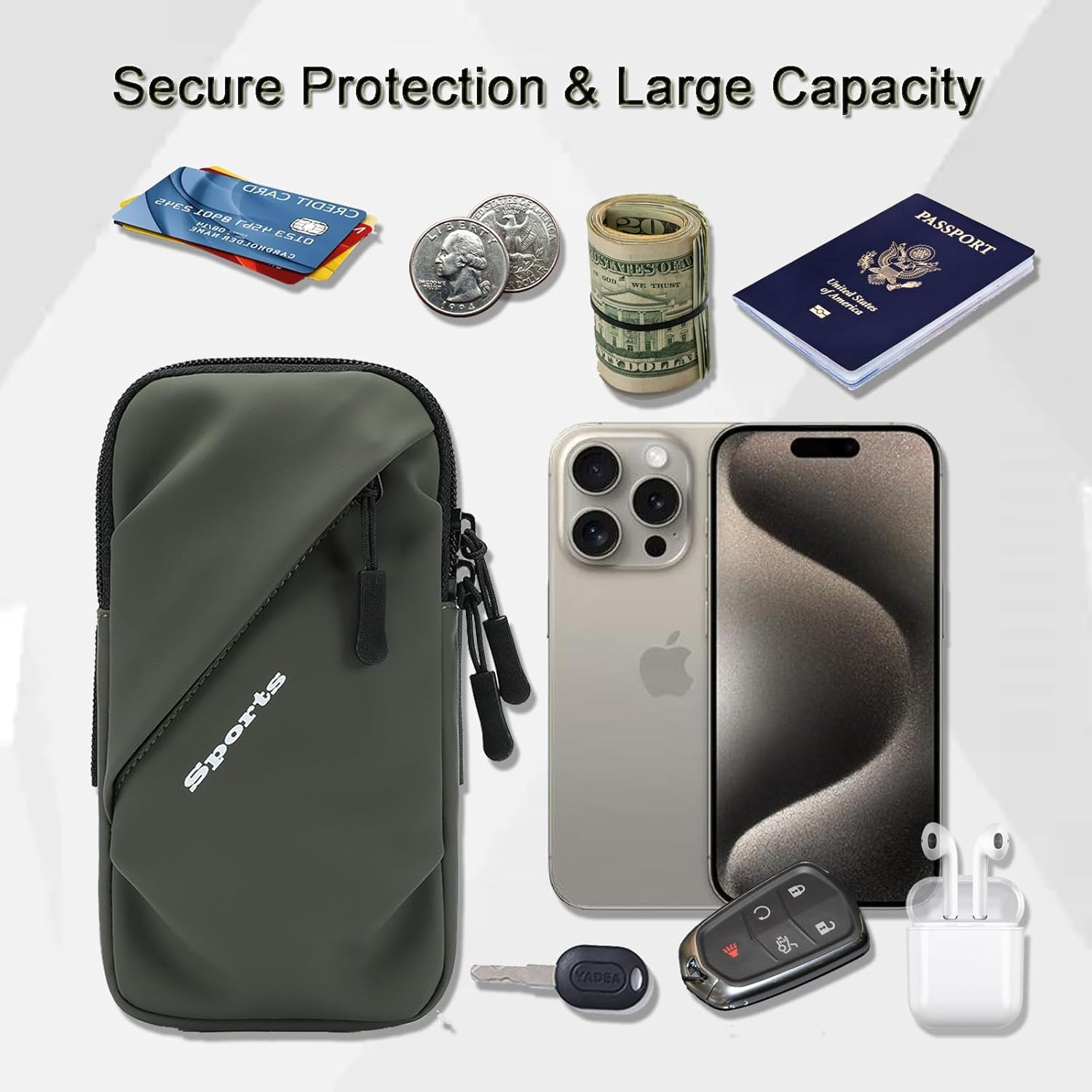 Phone Holder Arm Bands, Small Crossbody Shoulder Holsters Bag with Arm Band, Fits Iphone and All Cell Phones, Use for Running, Walking, Hiking & Biking (Plus Size Army Green)