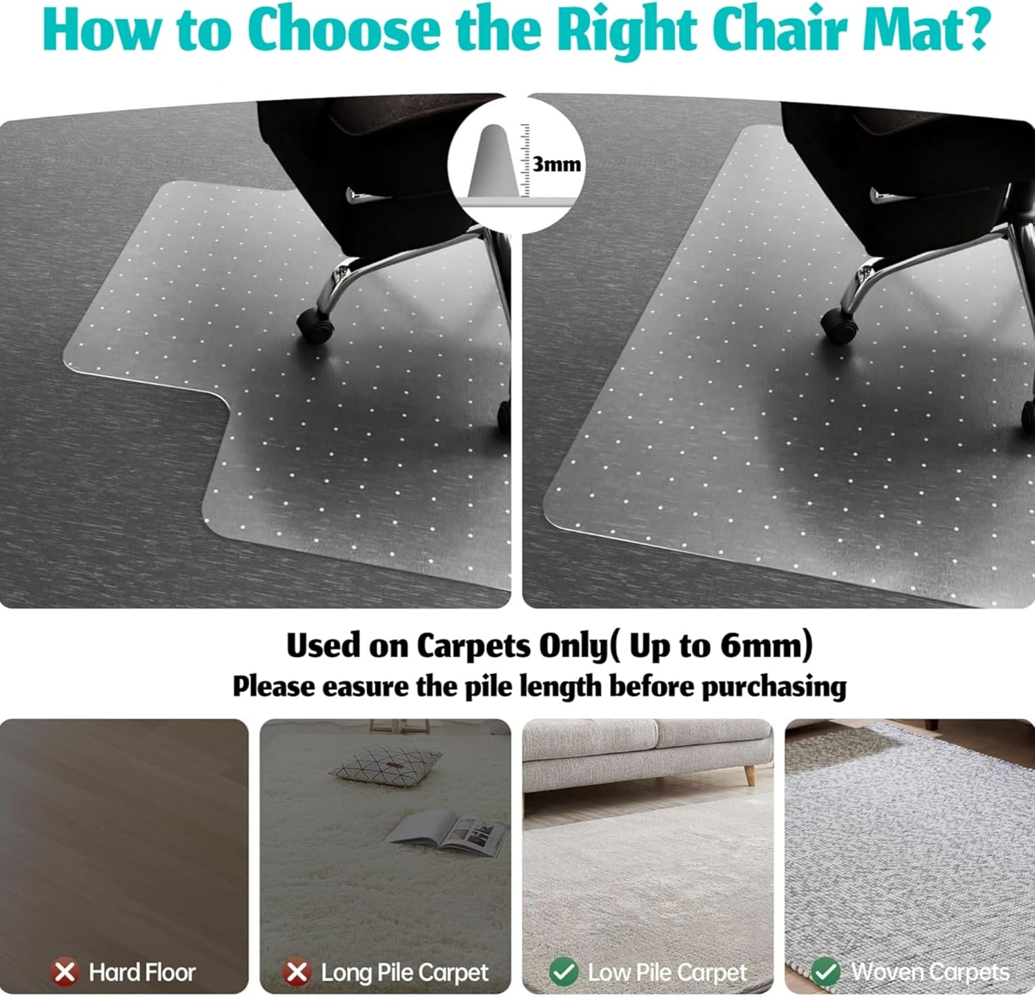 Anyuainiya Office Chair Mat for Carpet, 120X90Cm Clear Floor Mats with Lip, Computer Desk Chair Mat for Low Carpeted Floors, Easy Glide for Office or Home with Extended Lip