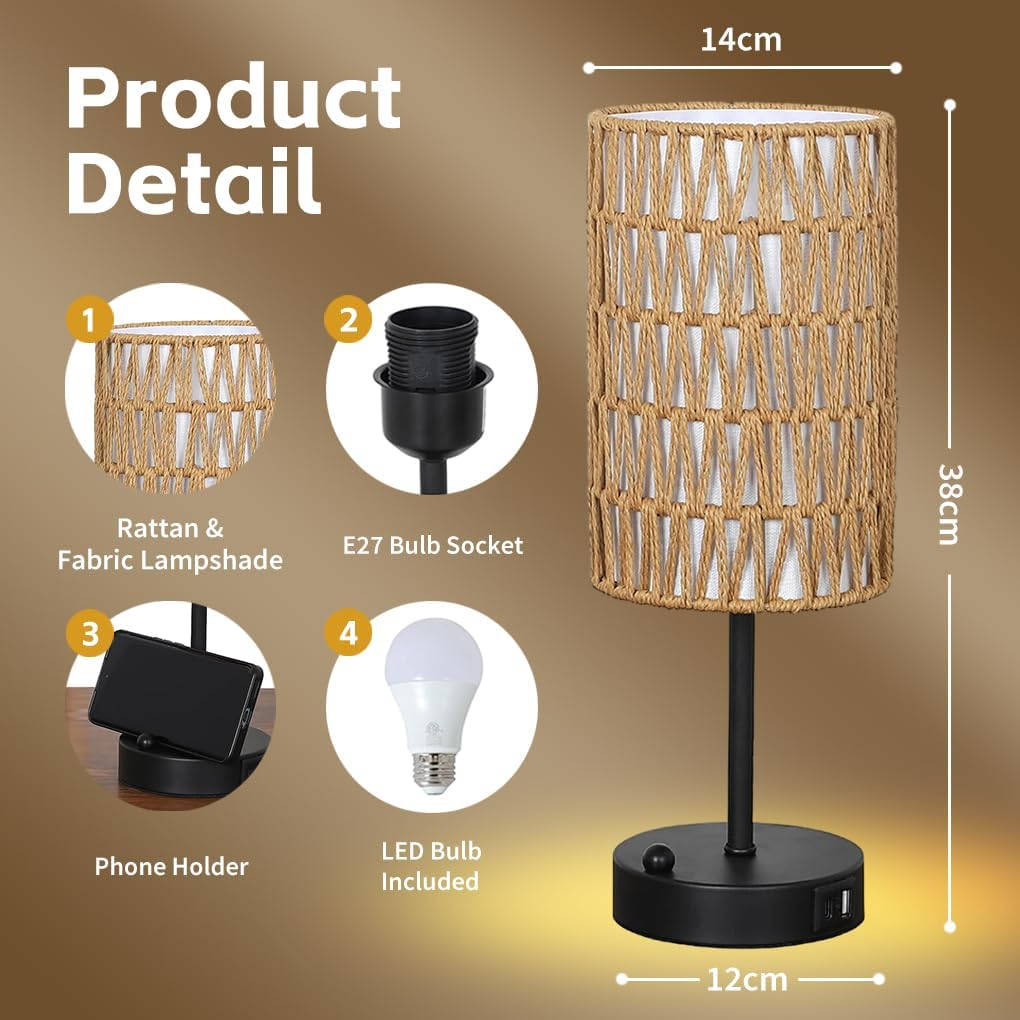 Clora Touch Bedside Lamp with USB A+C Charging Ports & 3-Way Dimmable, Rattan & Linen Shade Table Lamp with Phone Stand and 6W LED Bulb Nightstand Lamp for Bedroom Living Room Home Office (2 Pack) image number 1