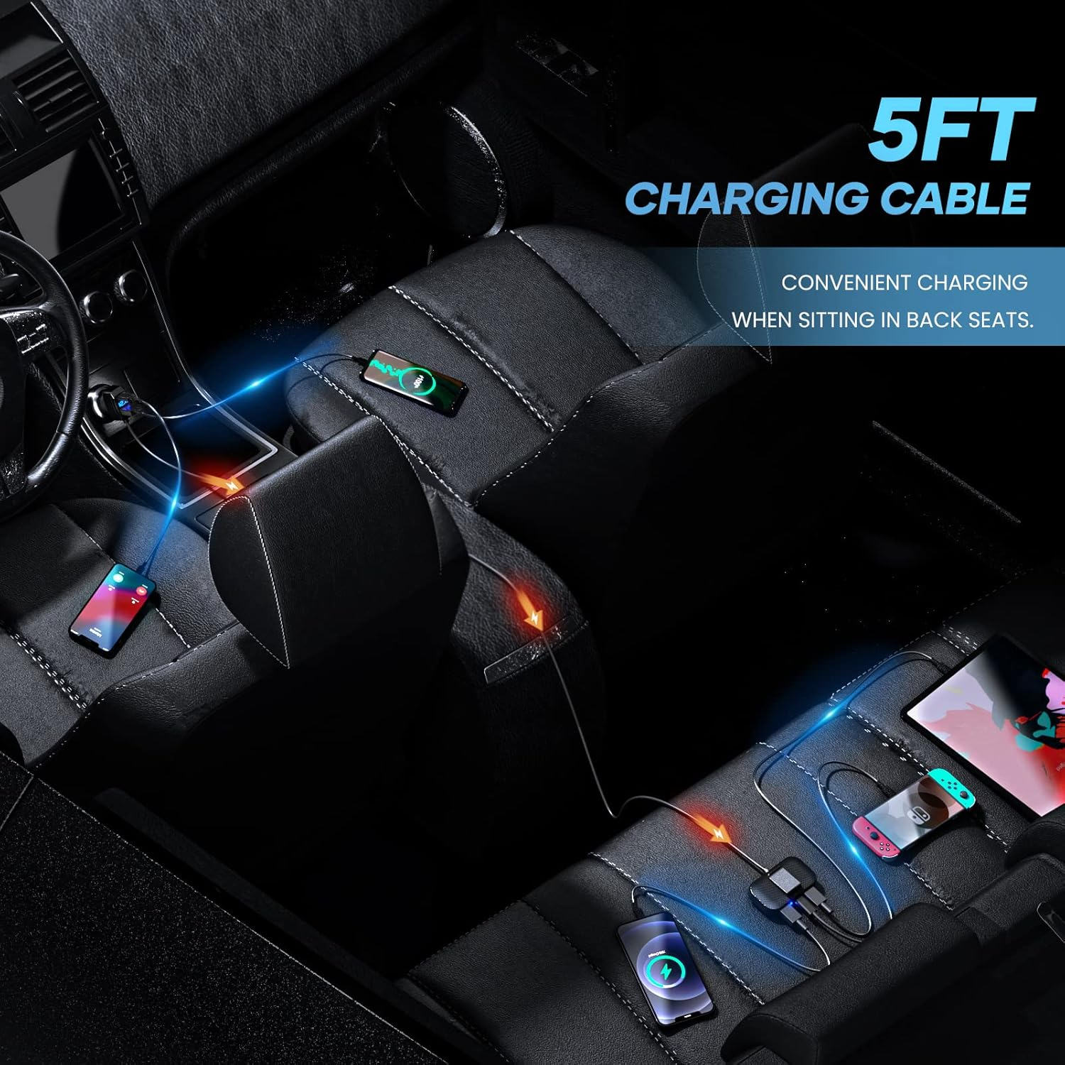 LENCENT 5 Multi Ports Type C Car Charger, 31W USB C Charger Adapter, Compatible for Phone, Voltage Detection, Multiple Car Cigarette Lighter Adapter with 1.5M Cable for Back Seat Charging image number 5