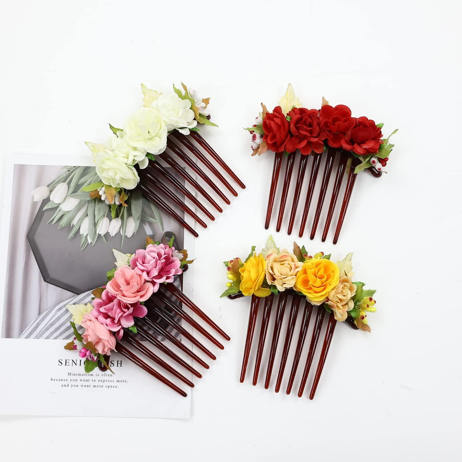 Cinaci 4 Pack Artificial Flower Plastic Hair Side Combs Slides Clips Rose Floral Wedding Bridal Headpieces Hairpins Barrettes Bun Chignon Hair Accessories for Women Flower Girls Brides Bridesmaids image number 2