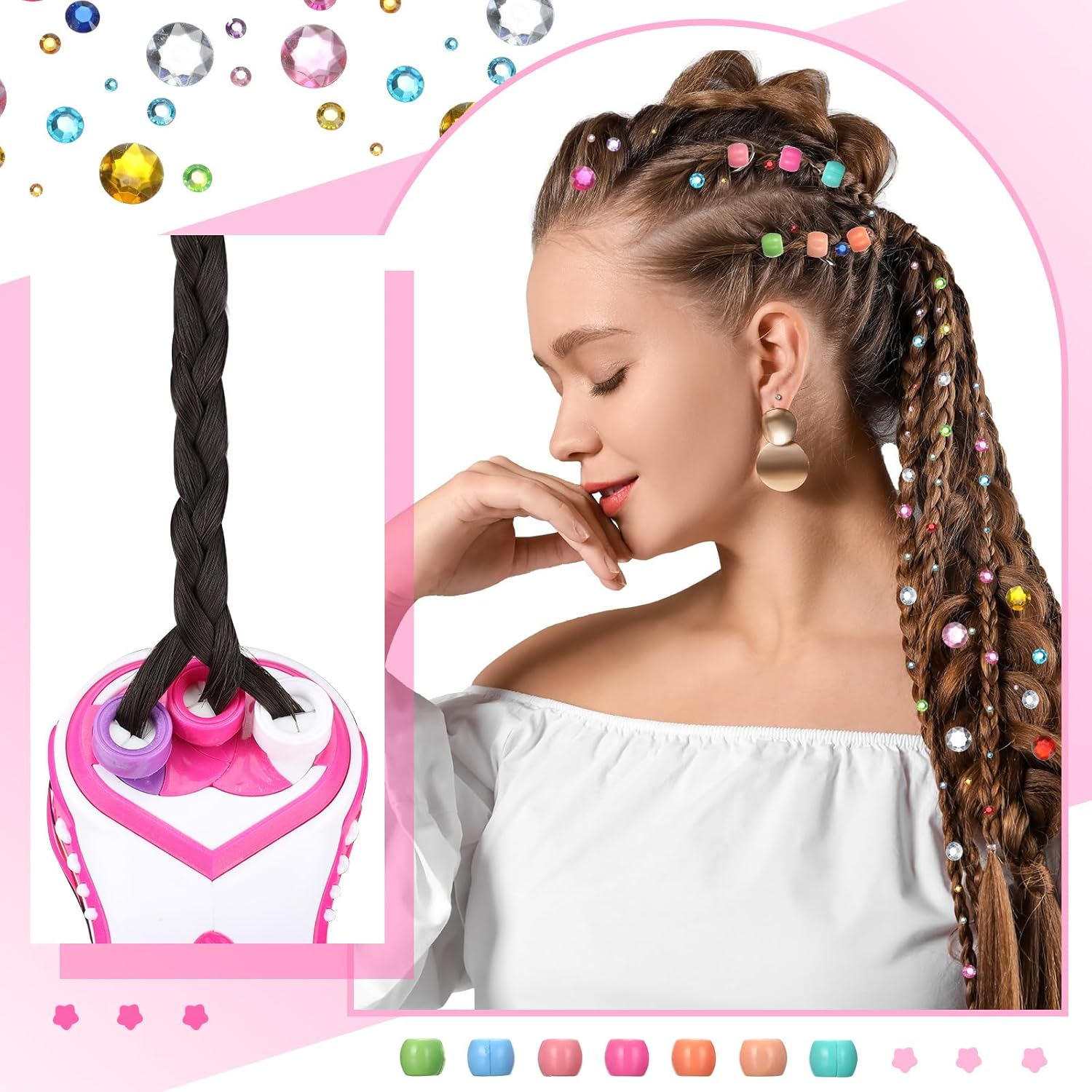 Lasnten Automatic Hair Braider Machine Electric Hair Braiding Tools DIY Styling Kit with Self Adhesive Gems and Jewelry Beads Salon Styling Tool Accessories for Women Makeup Vanity Set