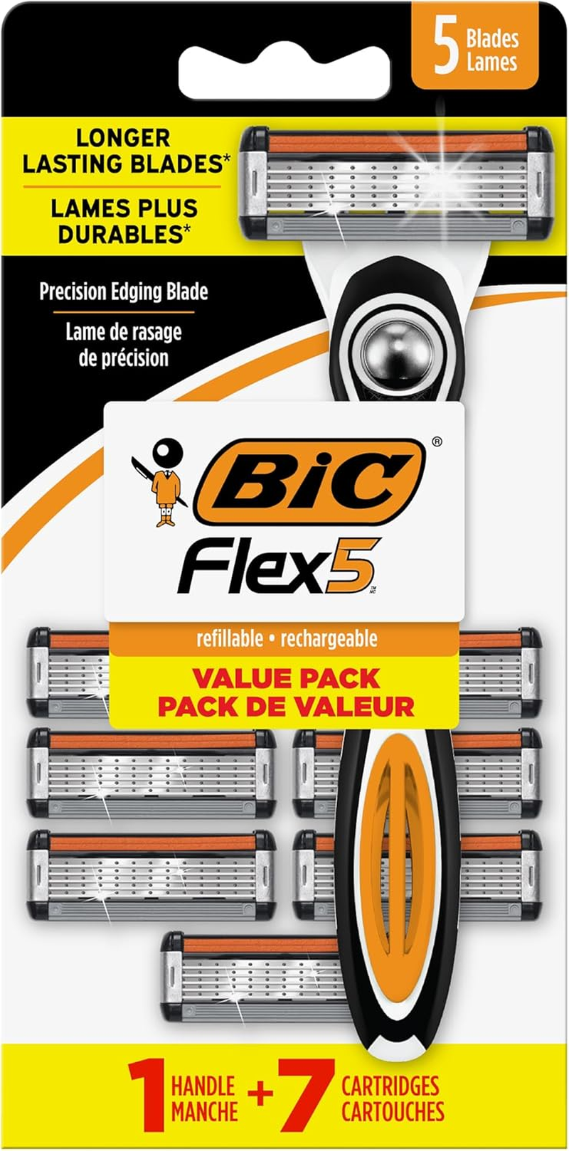 BIC Flex 5 Refillable Razors for Men, Long-Lasting 5 Blade Razors for a Smooth and Comfortable Shave, 1 Handle and 7 Cartridges, 8 Piece Shaving Kit image number 2