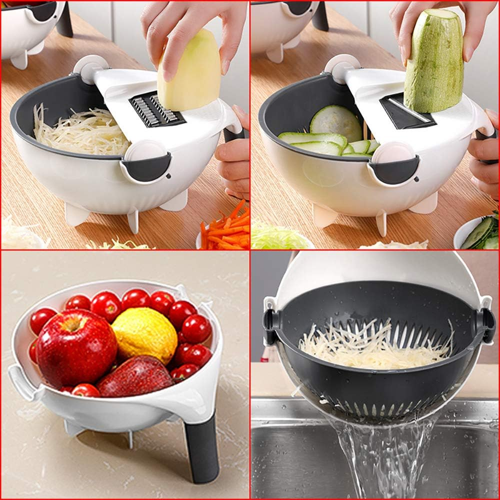 9-In-1 Multi-Functional Rotate Vegetable Cutter Manual Slicer Fruit Cutter Mandoline Choppers Veggie Fruit Shredder Grater Large Capacity Vegetable Drainer Draining Basket Carrot Potato Cutting Tool