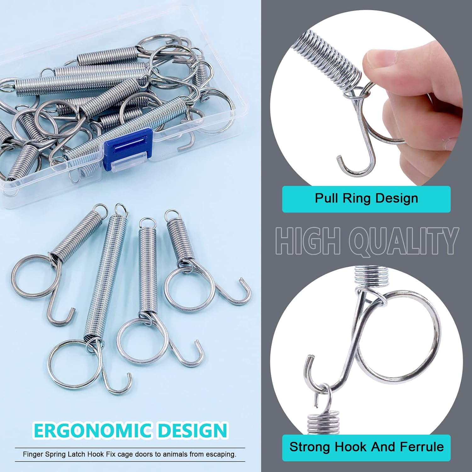 16Pcs 4 Sizes Spring Cage Latch Door Spring Hooks, 2.4'' 2.8'' 3.4'' 4.5'' Spring Door Latch Spring Cage Latch Metal Finger for Fixing Rabbit Dog Cat Bunny Hedgehog Pet Cage Door image number 3