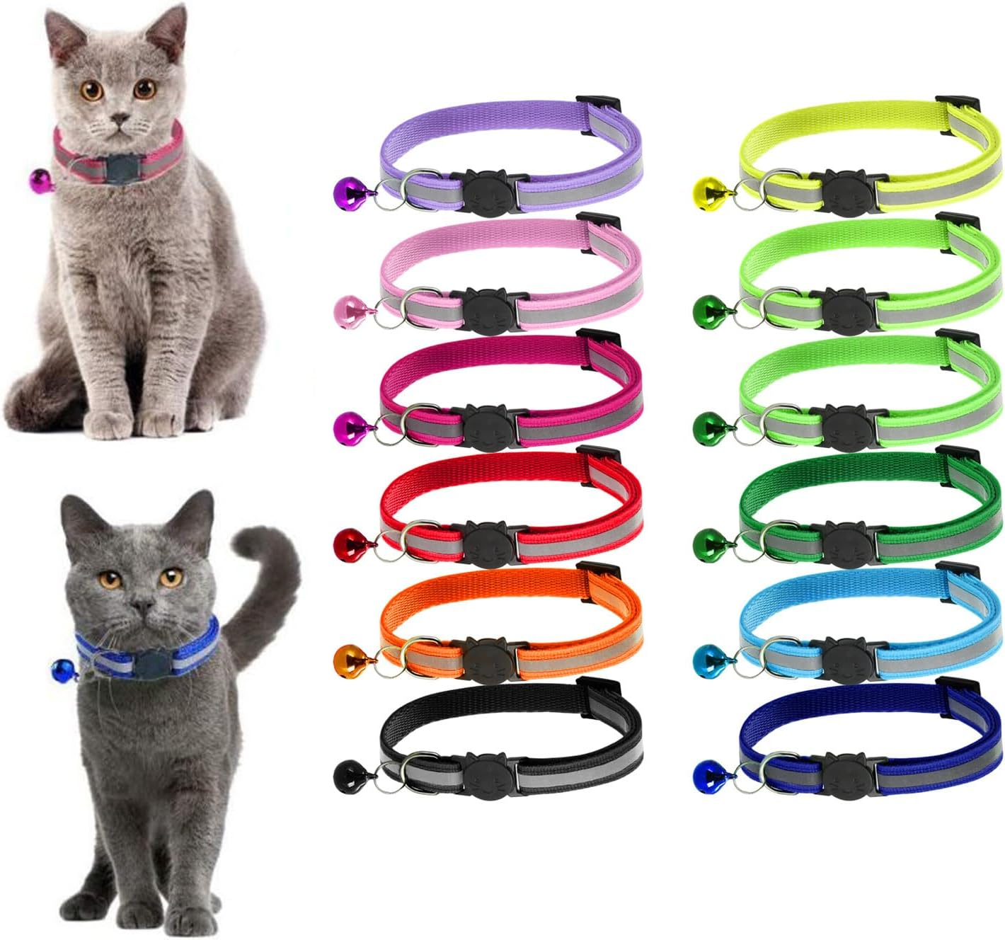 LASIEYO Cat Collar Set Adjustable Bell Collar Pet Cat Kitten Collar with Reflective Strips, Quick Release Buckle (12 Pieces) image number 3