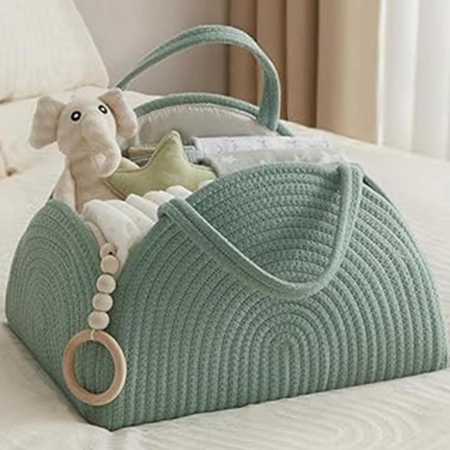 YUEMING Nappy Caddy, Baby Nappy Caddy Organiser, Cotton Rope Newborn Essentials Diaper Caddy with Dividers, Portable Baby Caddy Storage Basket, Nappy Caddy Organiser Baby (Green) image number 2