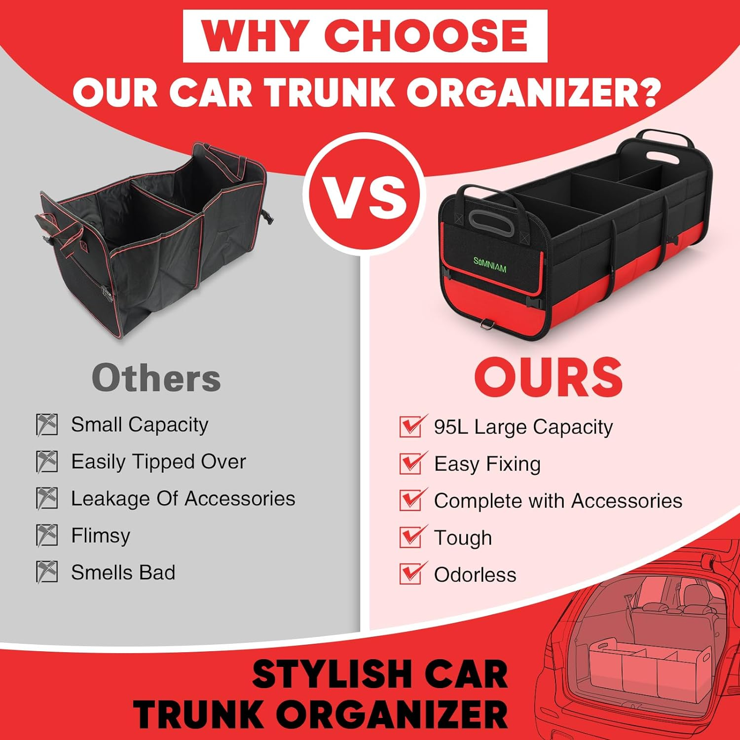 Simniam Large Trunk Organizer for Car, Collapsible Multi Compartment Car Trunk Organizer with 2 Retractable Straps, Suitable for All Kinds of Cars, SUV, Minivan - 4 Compartments Red image number 5