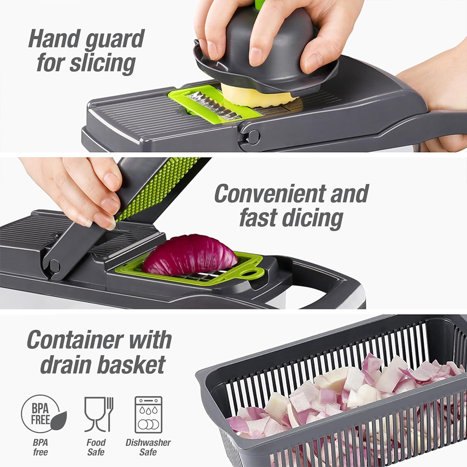 MS. KUKI Vegetable Chopper 12 in 1 Multifunctional Veggie Mandoline Slicer Cutter Food Dicer with Container Hand Guard Draining Basket Stainless Steel Blades for Onion Potato Carrot - White (Grey) - White image number 3