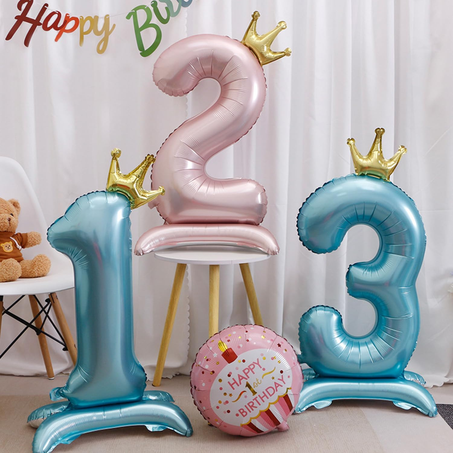 Standing Number 3 Balloon with Crown, 42 Inch Jumbo Mylar Foil Balloons Helium or Air Balloons for 3Nd 13 23 Birthday Party Celebration Decoration Blue Number 3 image number 2
