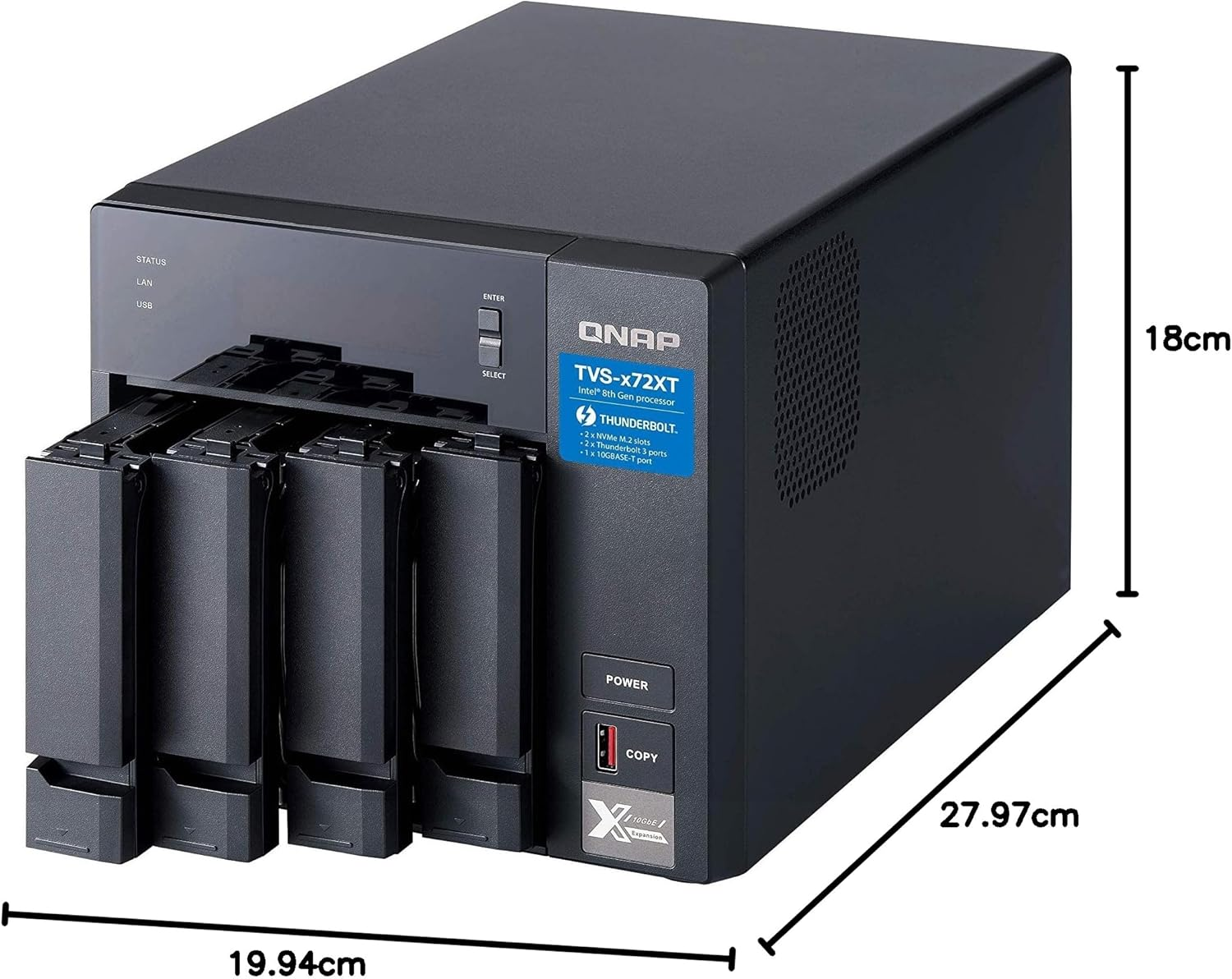 QNAP TVS-472XT-PT-4G 4 Bay NAS Intel&reg; Pentium G5400T 2-Core 3.1 Ghz 4GB DDR4 Hot-Swappable 2 Xpcie 2Xgbe 1X10Gbase-T 2Xthunderbolt 1Xusb3.2 2 Yrs image number 4