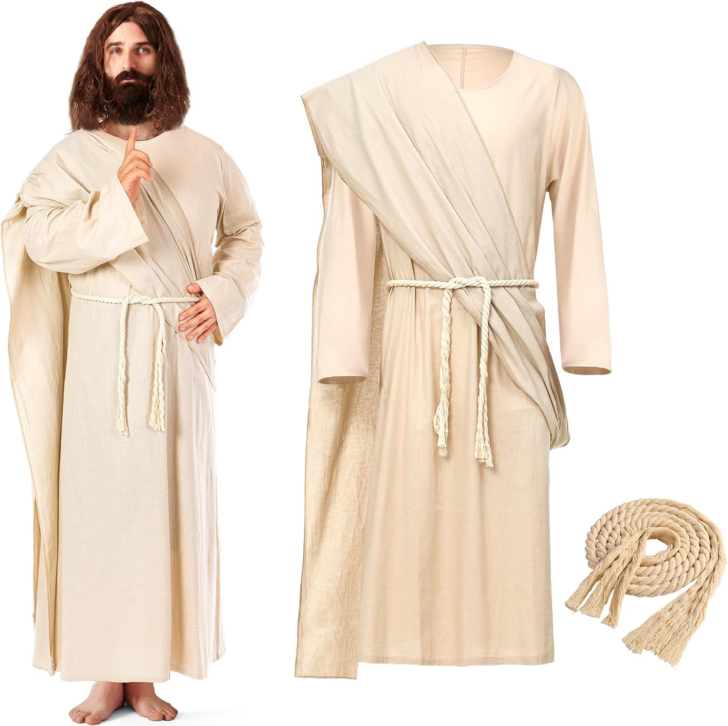 Haull Jesus Costume Adult Men Jesus Robe Religious Christ Costume Includes Scarf Waist Rope for Halloween
