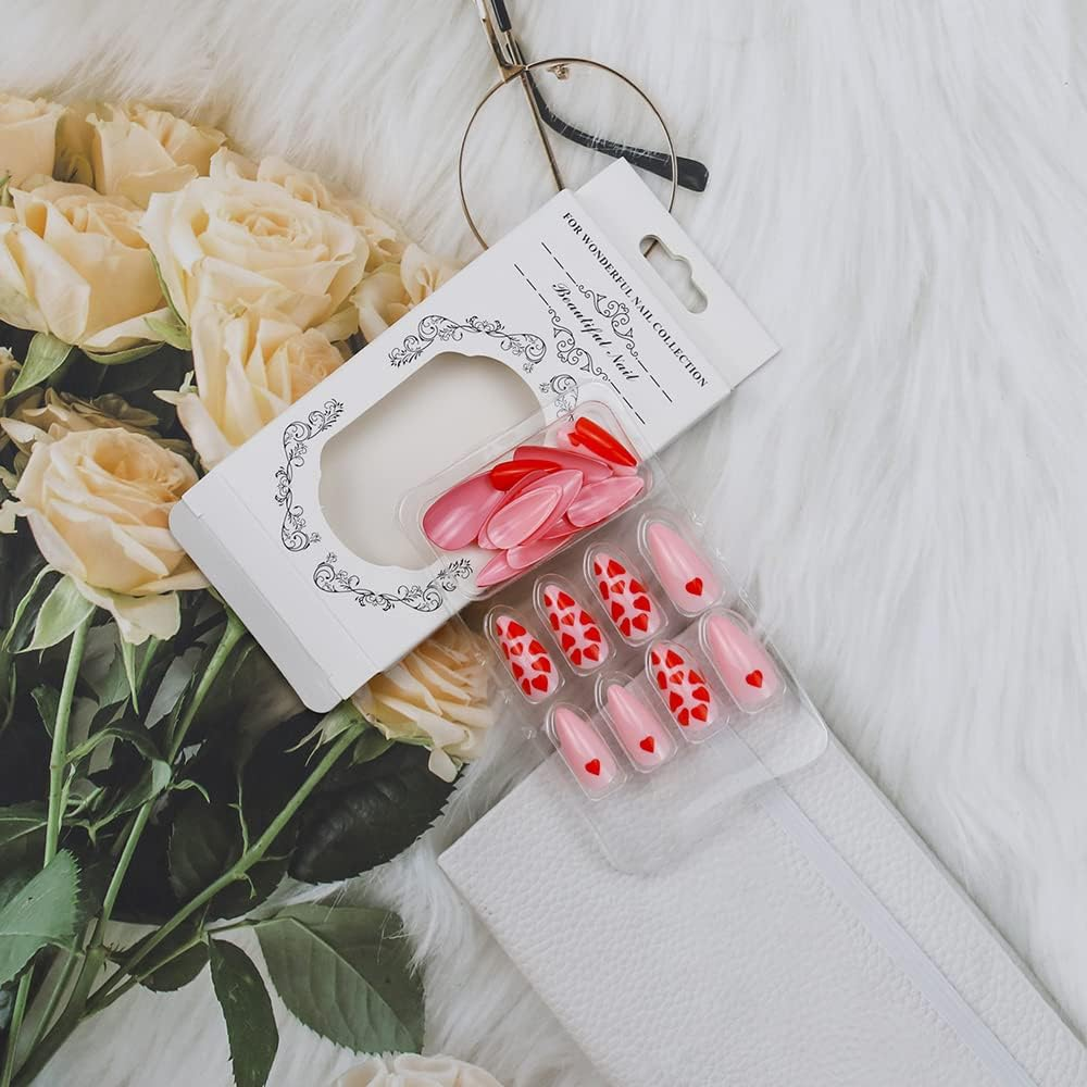 Red Heart Press on Nails Medium Valentine&rsquo;S Day Coffin Fake Nails Glue on Nails with Nail Adhesive Almond Shape Heart Exquisite Design Stick on Nails for Women and Girls 24Pcs image number 3