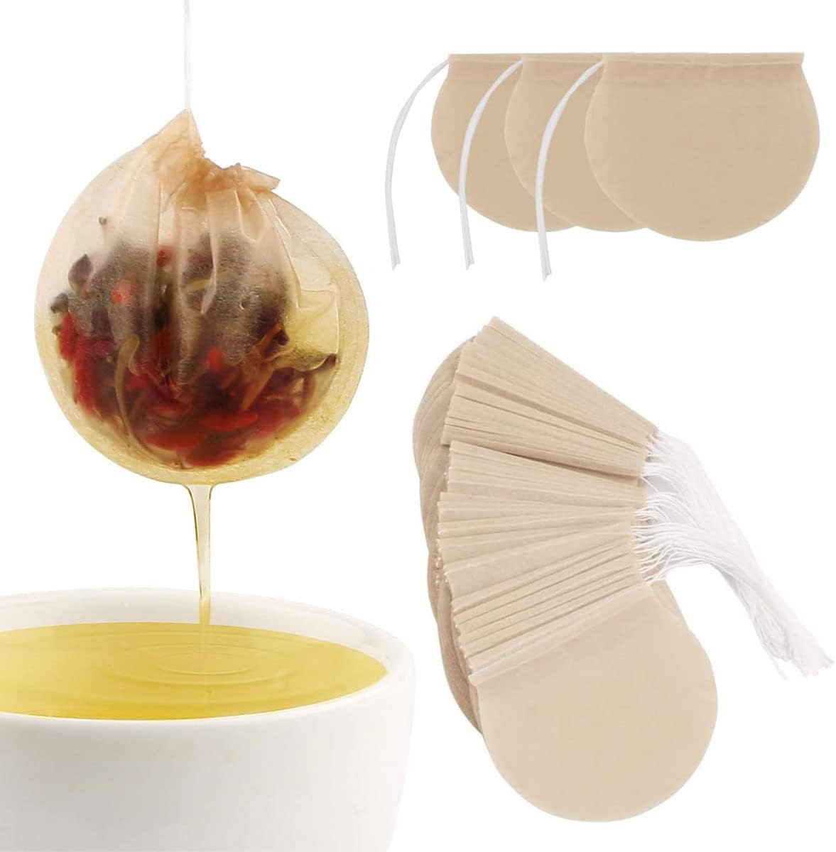 NILLOS Tea Filter Bag, 100 Pcs Disposable Natural Cotton Drawstring Seal Empty Tea Bags for Loose Leaf Herbs Teas(Round) image number 6