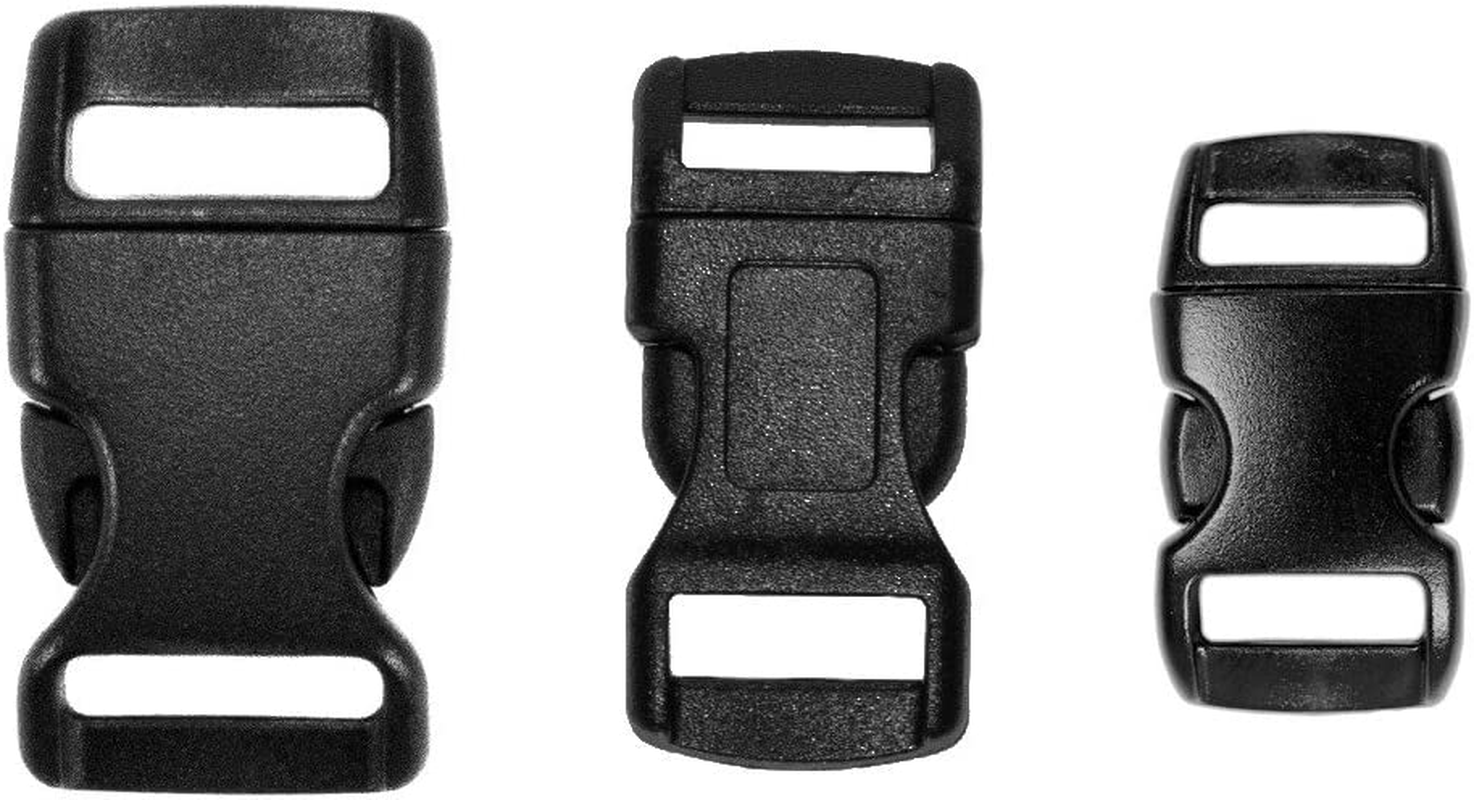 60 Pack - 3/8 Inch, 1/2 Inch, and 5/8 Inch Black Side Release Buckles - 20 of Each Size - Use for Paracord Bracelets, Repairs, Replacements image number 1