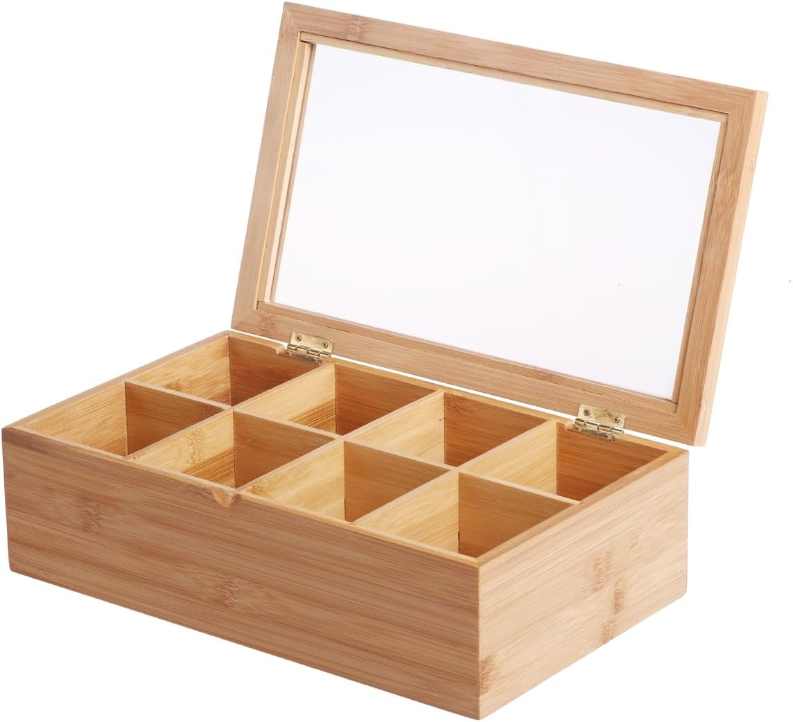 Sherwood Bamboo Tea Box Wood Organizer 8 Slot Container Chest Holder Tea Bag Storage Compartments Durable Eco-Friendly 8 Divider Compartments Top Lid - Small Accessories - Stylish Storage Solution