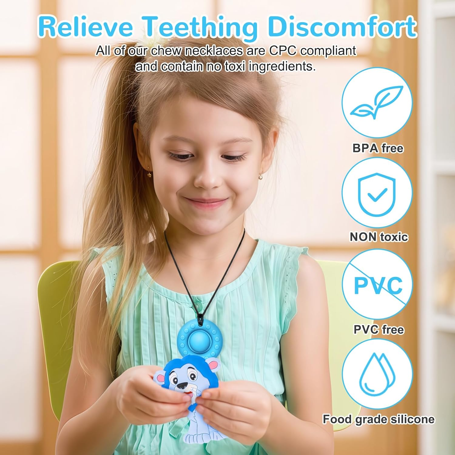 MR.TIMELAG Chew Necklaces for Adults and Babies - Lion 5-Piece Set, Bpa-Free Silicone Sensory Chew Necklaces for Anxiety Relief, Easy to Hold, with Massage Blocks to Relieve Teething Pain image number 2