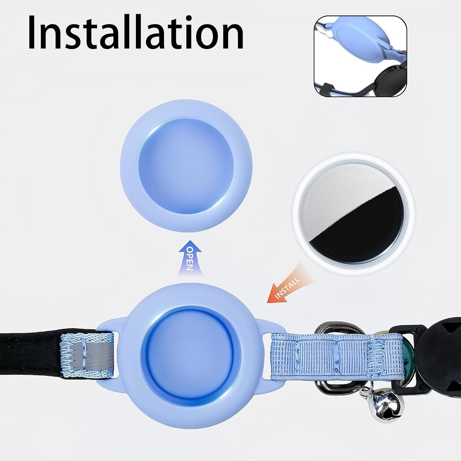 Woyinger Reflective Breakaway Cat Collars with Name Tag, with Apple for Air Tag Holder and Bell, Waterproof for Airtag Cat Collar Holder, Adjustable,Reflective Breakaway Cat Collars, for Cats (Blue)