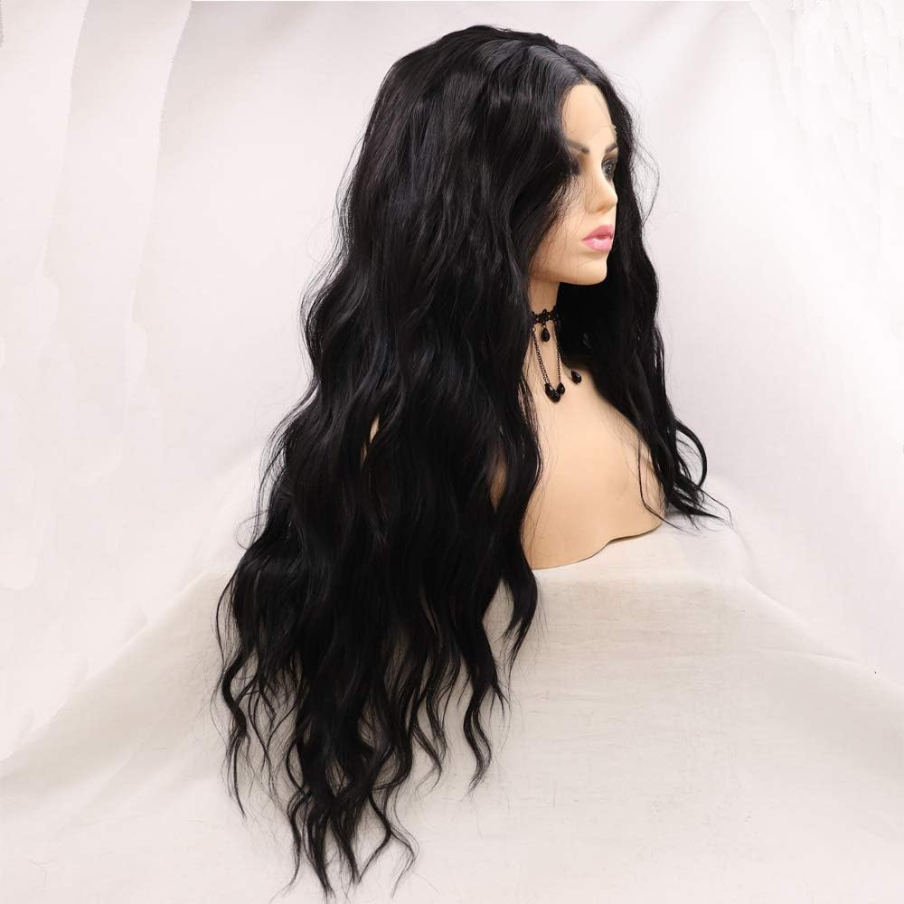 Xiweiya Long Black Wavy Wig Curly Synthetic Lace Front Wigs Middle Part Wig Long Soft Wavy Wig Hair Replacement Wig for Women, Drag Queen Makeup 24 Inch image number 3
