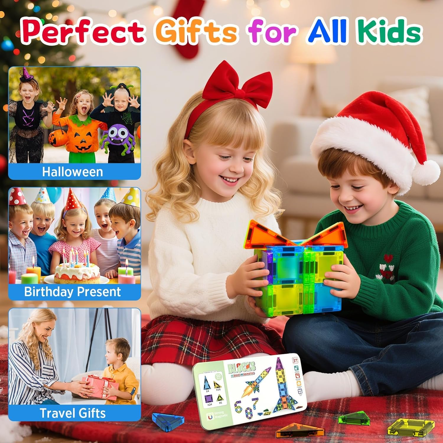 Mini Magnetic Tiles Travel Magnetic Tiles with Box, 50 PCS Magnet Building Block Set Travel Toys for Kids Ages 3+, Educational Portable Magnet Toys Gifts for Toddlers Boys & Girls Christmas Birthday image number 1