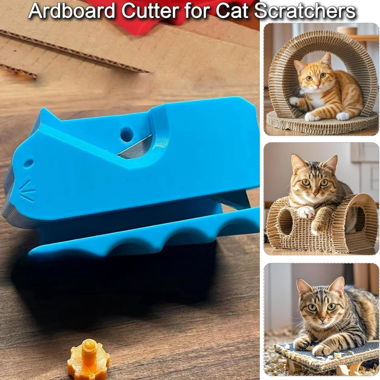 Handheld Cardboard Cutter for Cat Scratchers | 3D Printed Kitten Shaped Cutting Tool | Eco-Friendly DIY Cardboard Strip Cutter Machine | Portable & Durable for Cat Lovers (Blue)