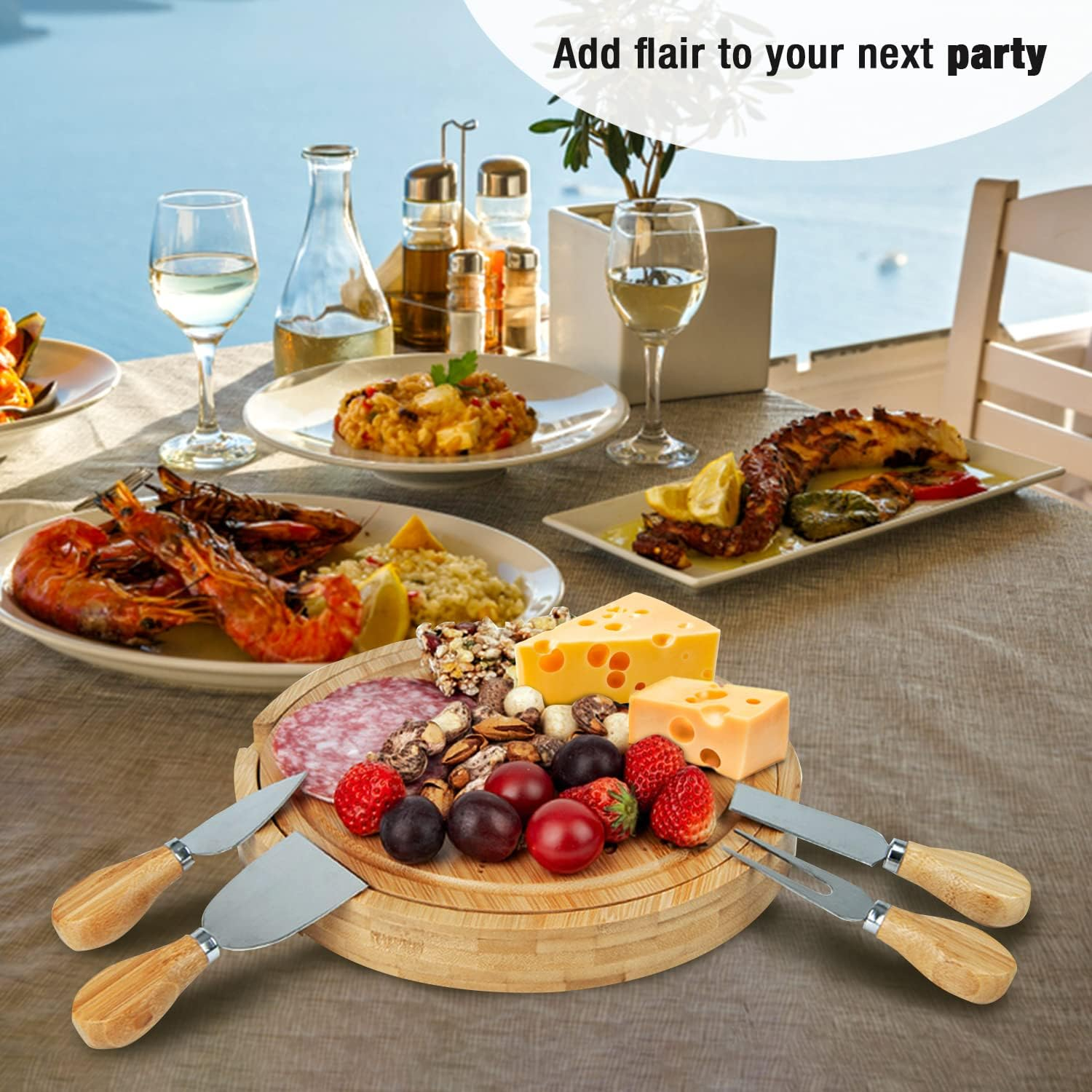 Bamboo Cheese Board with Knife Set - round Charcuterie Serving Tray with Engraved Cheese & Drinks Name - Wooden Cheese & Meat with Stainless Steel Knives & Cutlery - Housewarming & Wedding Party Gifts