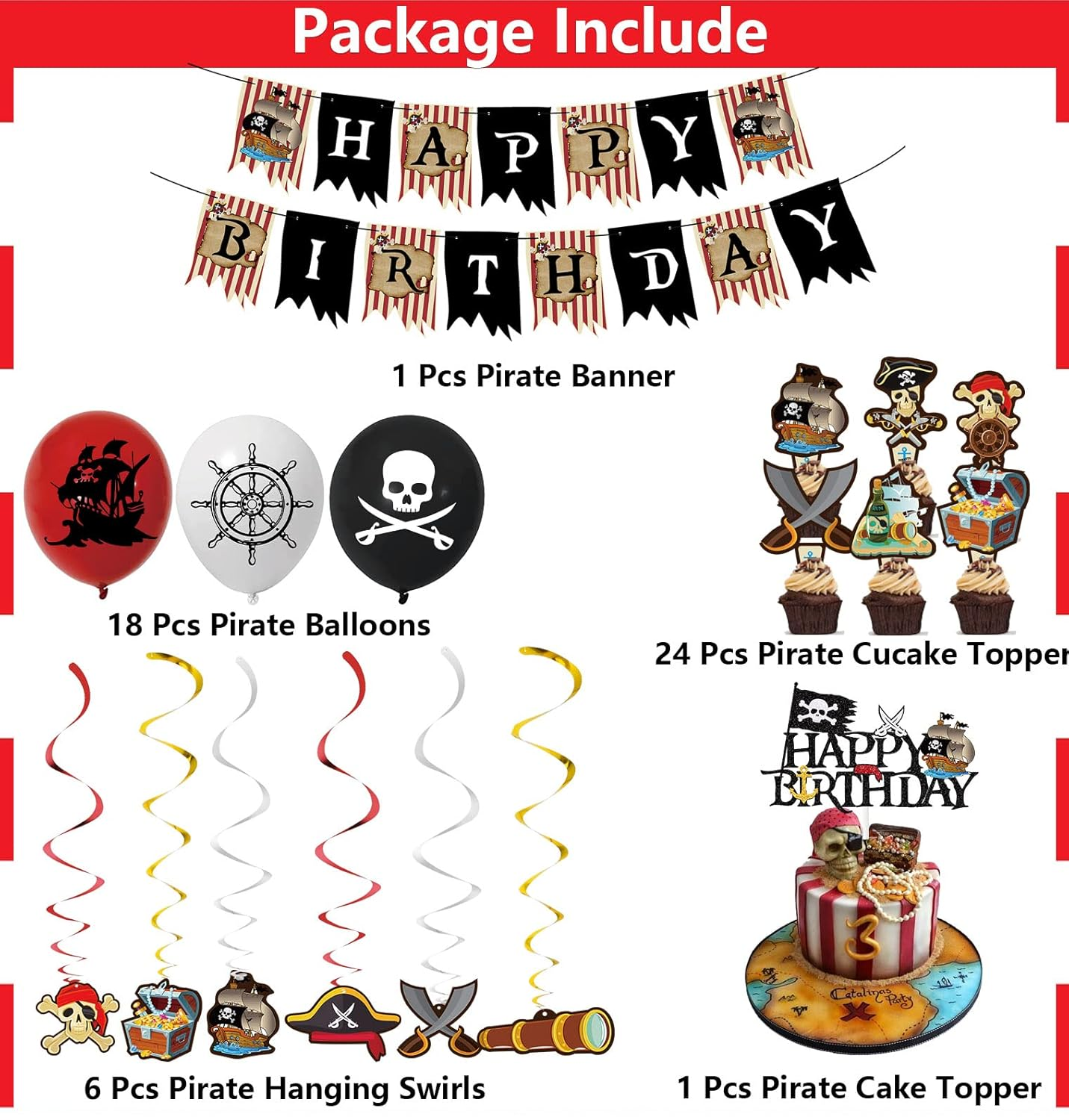 GOGOPARTY Pirate Party Decorations - Happy Birthday Pirate Theme Party Supplies, Balloons Banner Cake Toppers Hanging Swirls Birthday Sets for Adults Kids image number 3