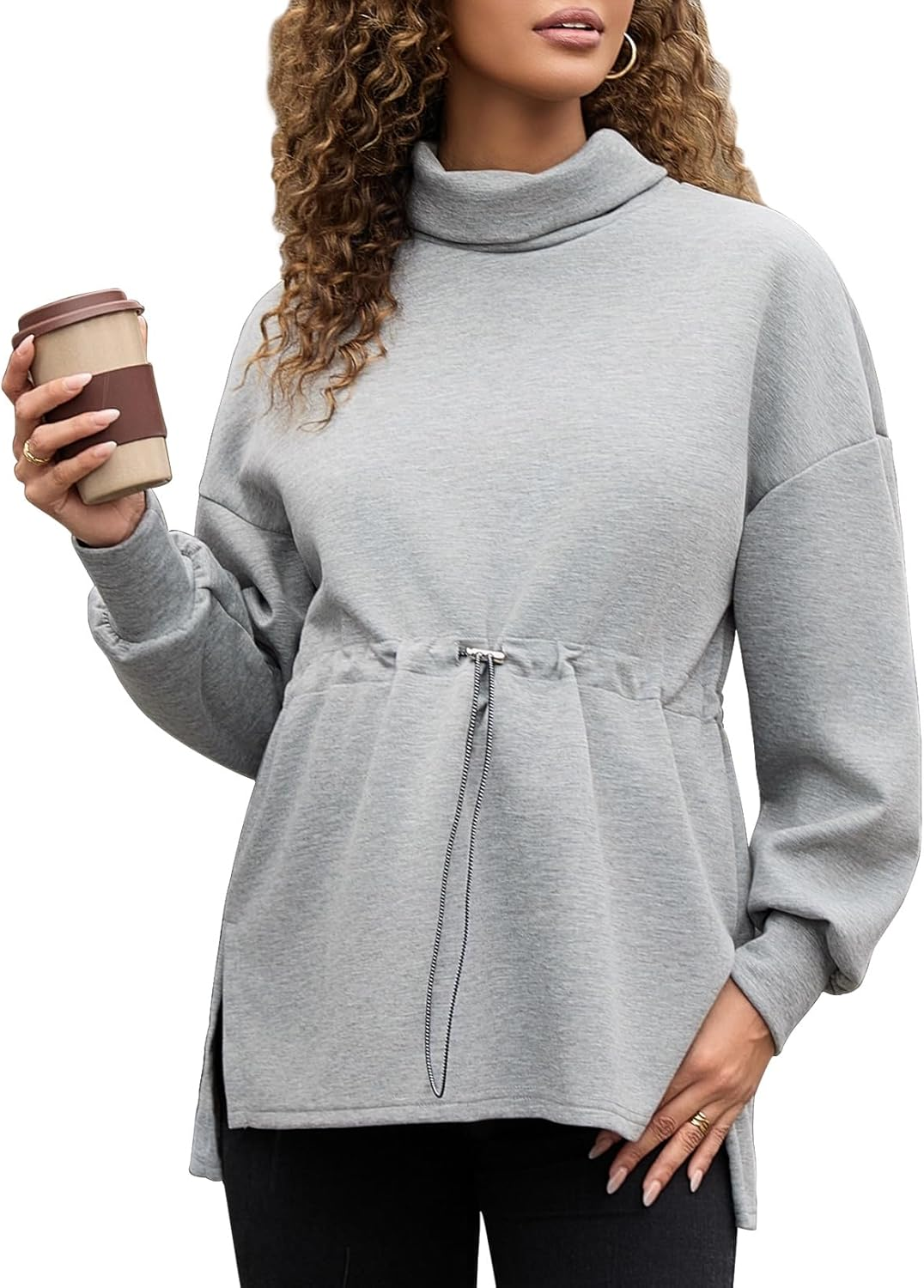 Bhome Maternity Turtleneck Sweatshirt Long Sleeve Oversized Pullover Tops Side Slit Tunic Shirts with Drawstring Waist