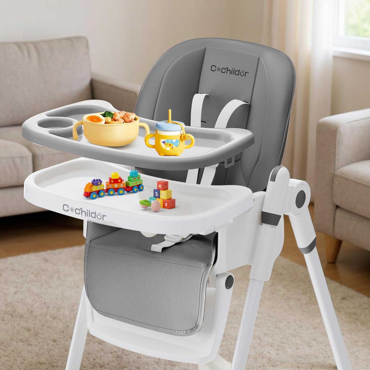 Cochildor 3 In1 High Chair, Easy Clean Foldable Highchair with Adjustable Height, Reclining Mode, 5-Point Safety, Removable Tray, Lockable Wheels, Washable Cushion, Idealfor Babies & Toddlers, Grey - Green image number 5