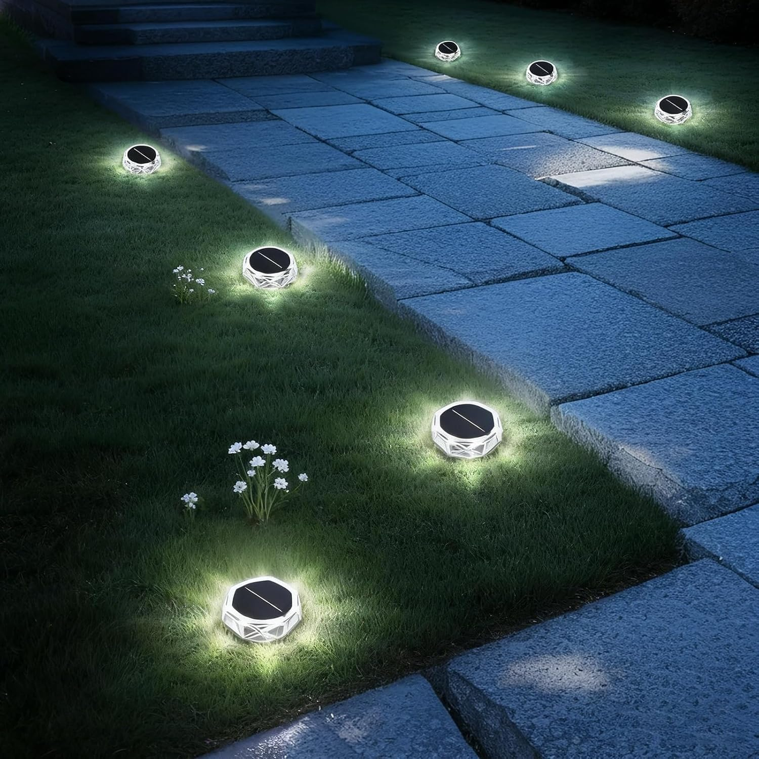 Hqynss Solar Lights Outdoor Garden, 6 Pack IP65 Waterproof Diamond LED Solar Ground Lights, 8 LED Disk Lights for Garden Pathway Lawn Patio Yard Landscape (Cool White) image number 4