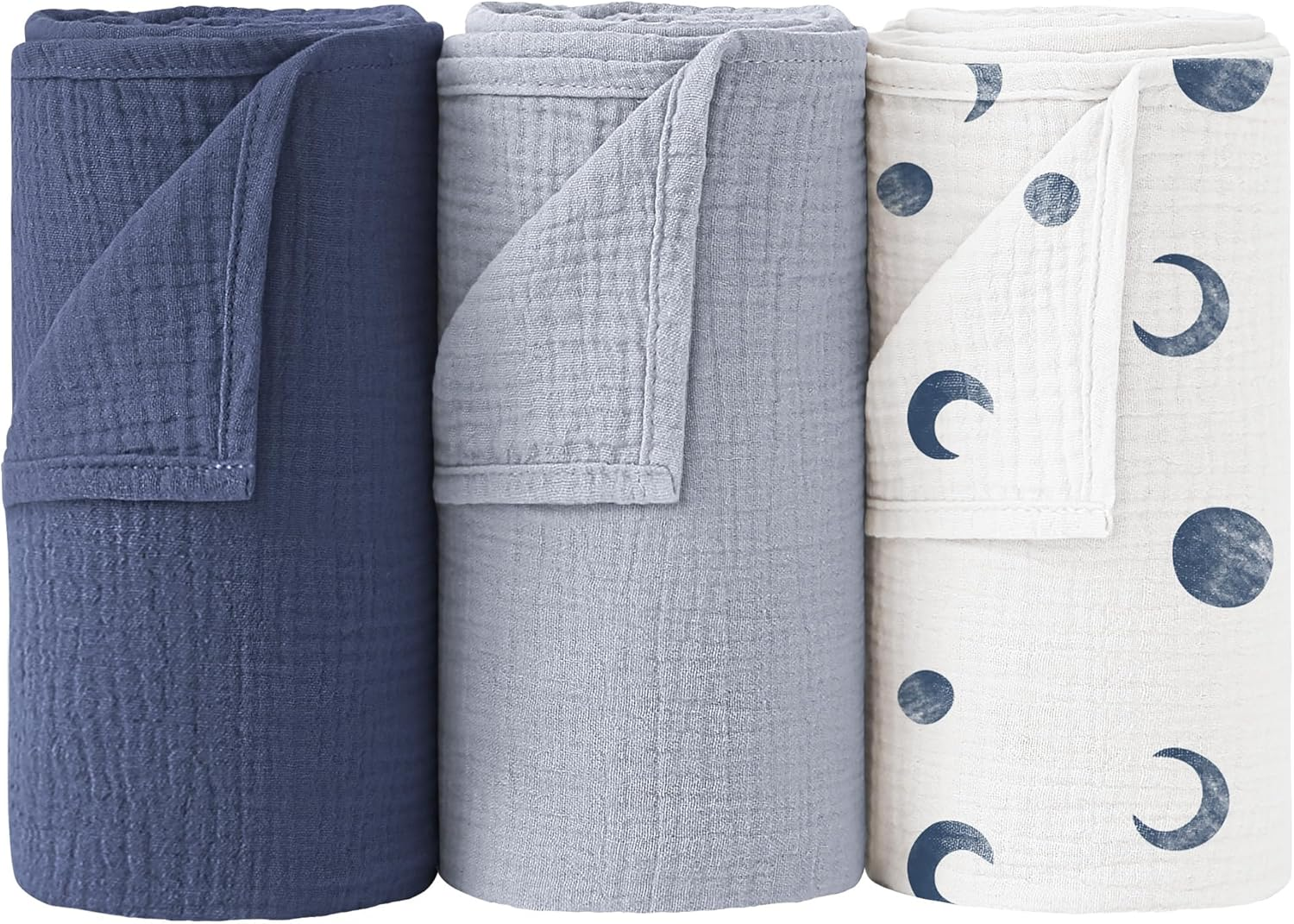 Bearmoss Muslin Swaddle Blankets 3 Pack Cotton Newborn Receiving Blanket, Large 38 X 40 Inches, Soft Breathable Baby Swaddles for Boys & Girls (Blue Moon)