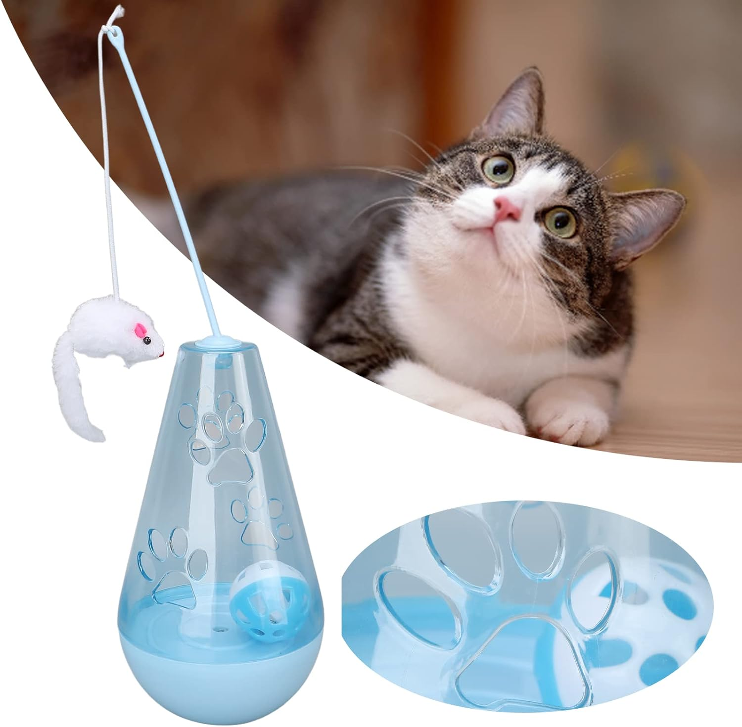 Cat Chasing Toy, Clear Color Cat Snack Toy Anxiety Ease Built in Bell Ball, Cat Roly Poly Toy Exercise Attractive Plush Mouse Cat Stick for Indoor Cats Kittens (Blue) image number 1