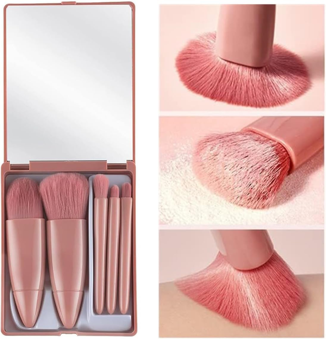 Travel Makeup Brush Set, 5Pcs Mini Make up Kit Portable Complete Function Cosmetic Brushes Kit Cheap Makeup Brush Kit Cute Makeup Brush for Eyeshadow, Powder, Foundation, Blush(5Pcs+Mirror) image number 1