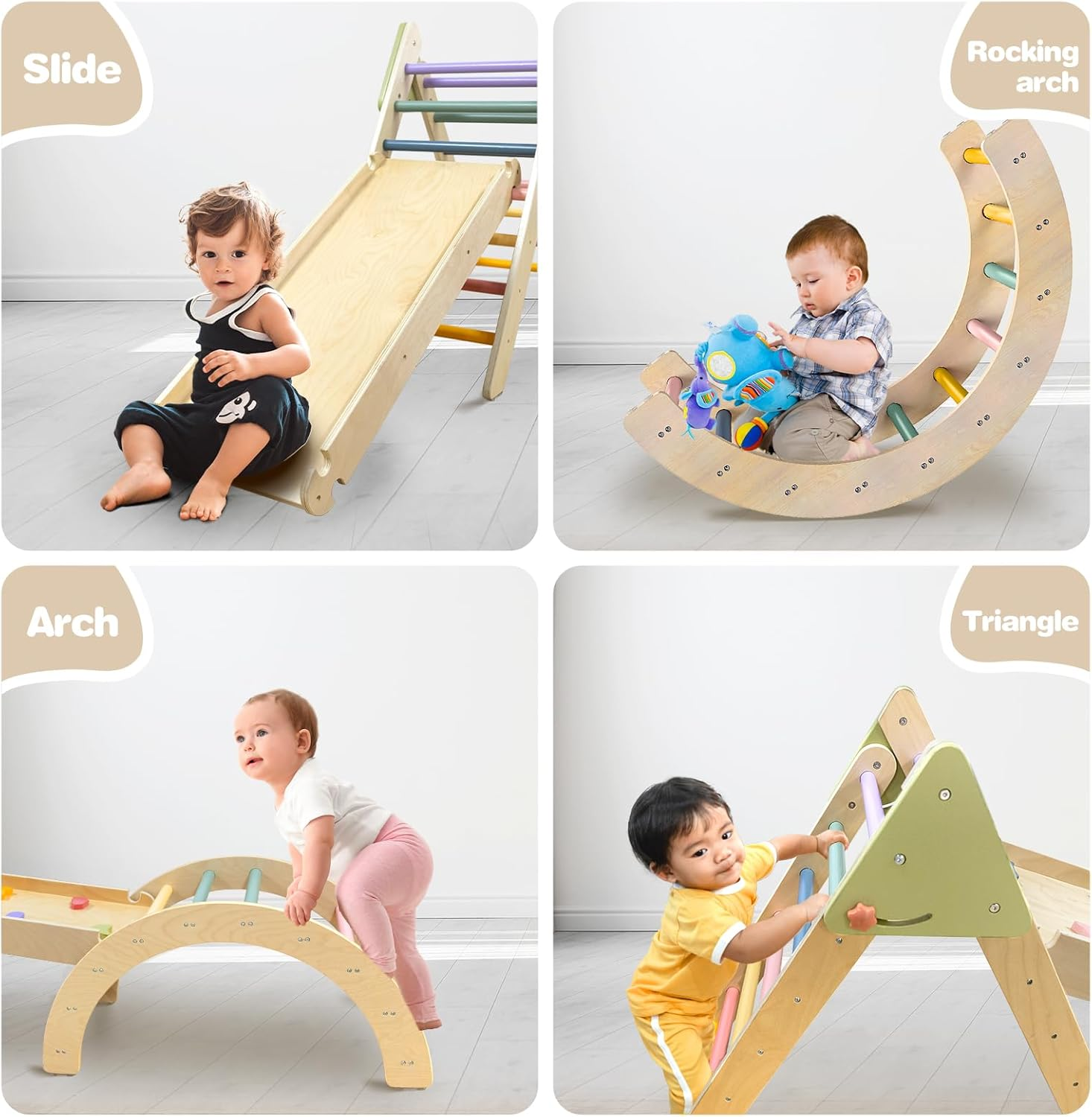 Pikler Triangle Set Montessori Toddler Climbing Toys Indoor, Foldable for 1-3 Inside, 3 Piece Baby Gym Indoor Playground image number 2