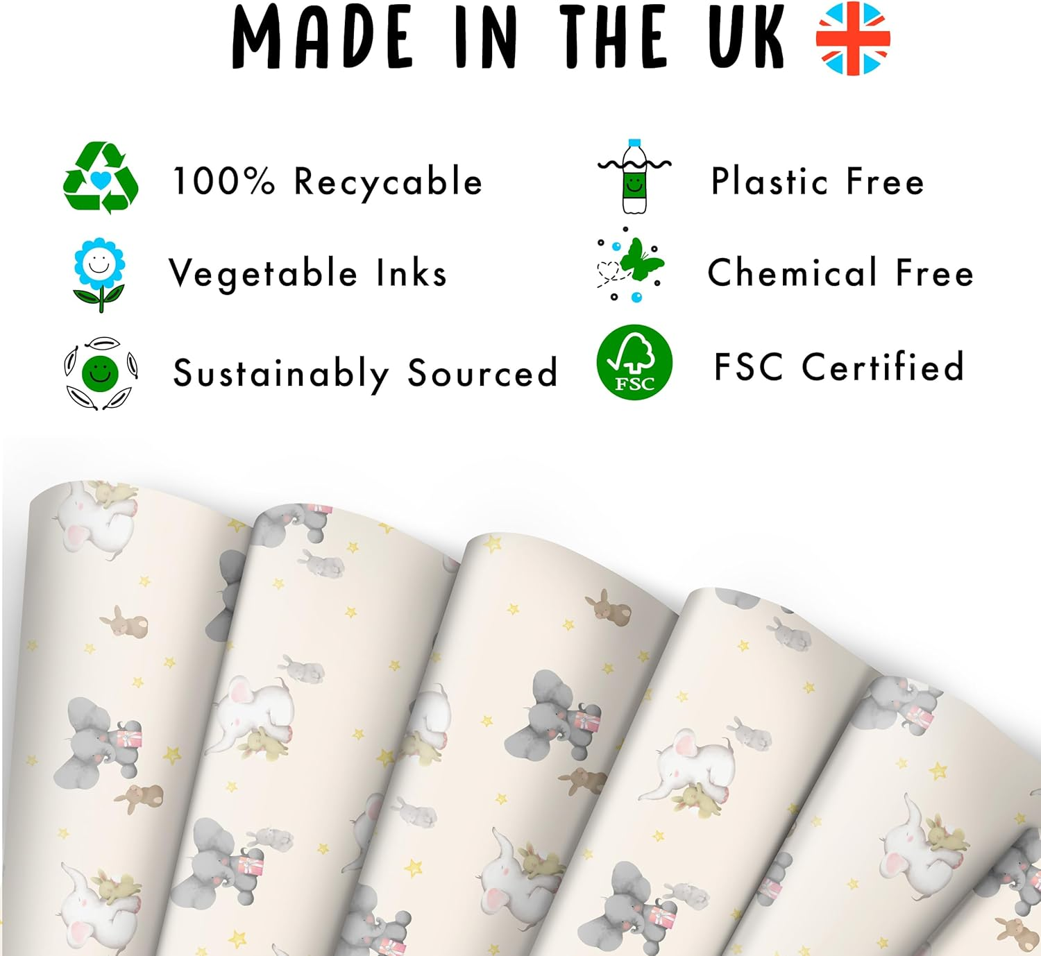 CENTRAL 23 - Elephants and Bunnies Wrapping Paper - 6 Sheet for Gift Wrap for Babies - Baby Shower - Christening - Baptism - Stars - Rabbit - Bunny - Made in the UK image number 6
